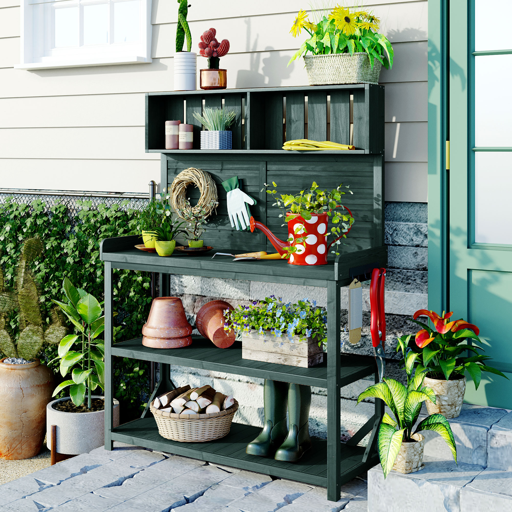 TOPMAX 65″ Large Wooden Farmhouse Rustic Outdoor Potting Bench Table, Patio Workstation, Garden Potting Bench with 4 Storage Shelves and Side Hook, Forest Green