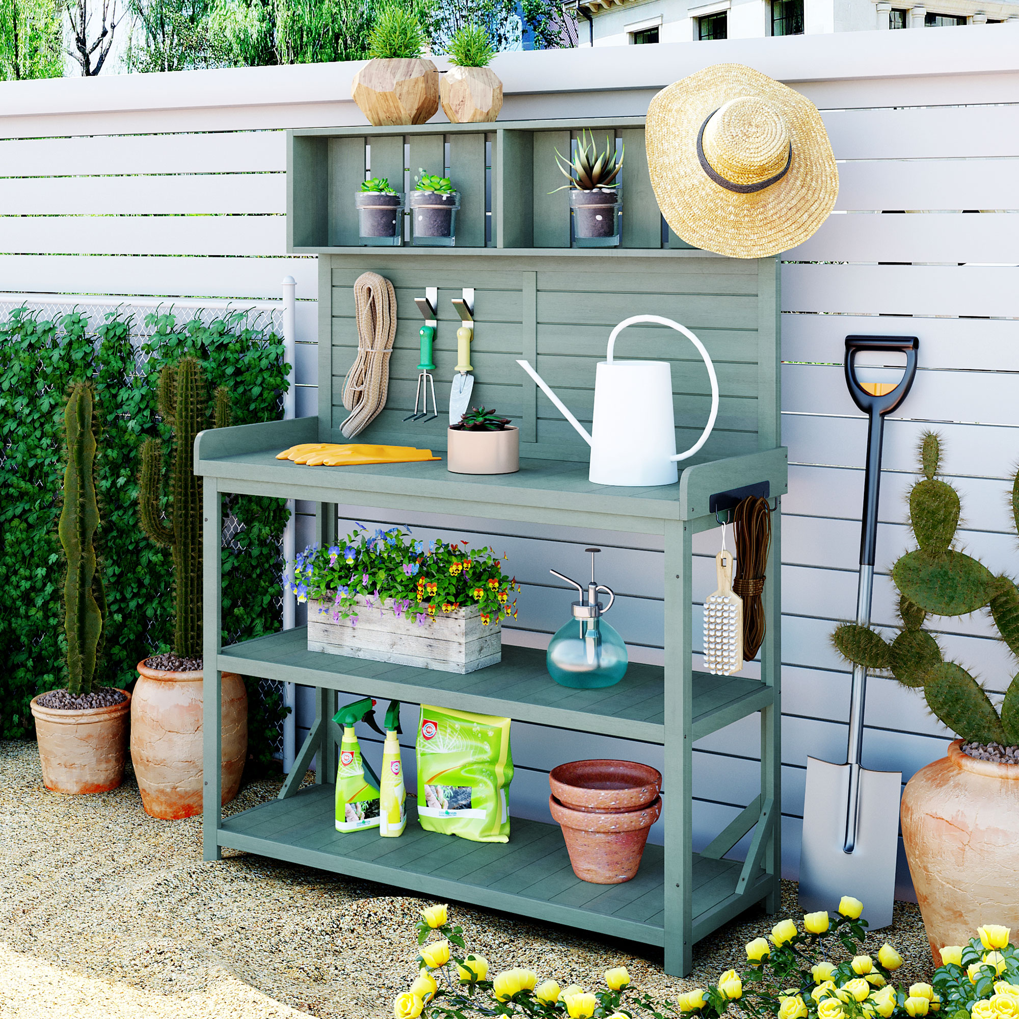 TOPMAX 65″ Large Wooden Farmhouse Rustic Outdoor Potting Bench Table, Patio Workstation, Garden Potting Bench with 4 Storage Shelves and Side Hook,Green