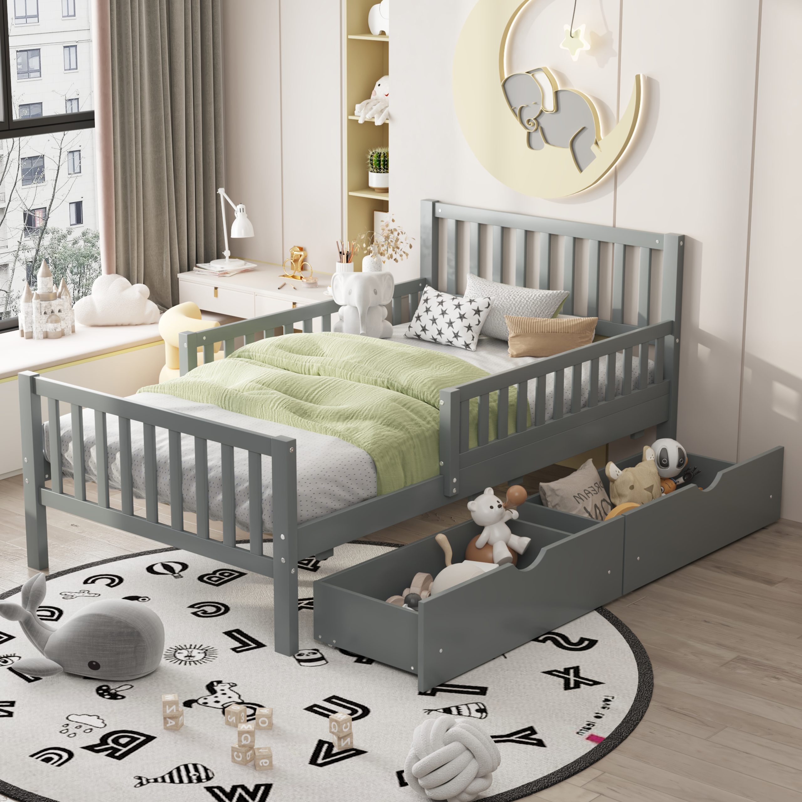 Twin Size Wood Platform Bed with Guardrails on Both Sides and Two Storage Drawers, Gray