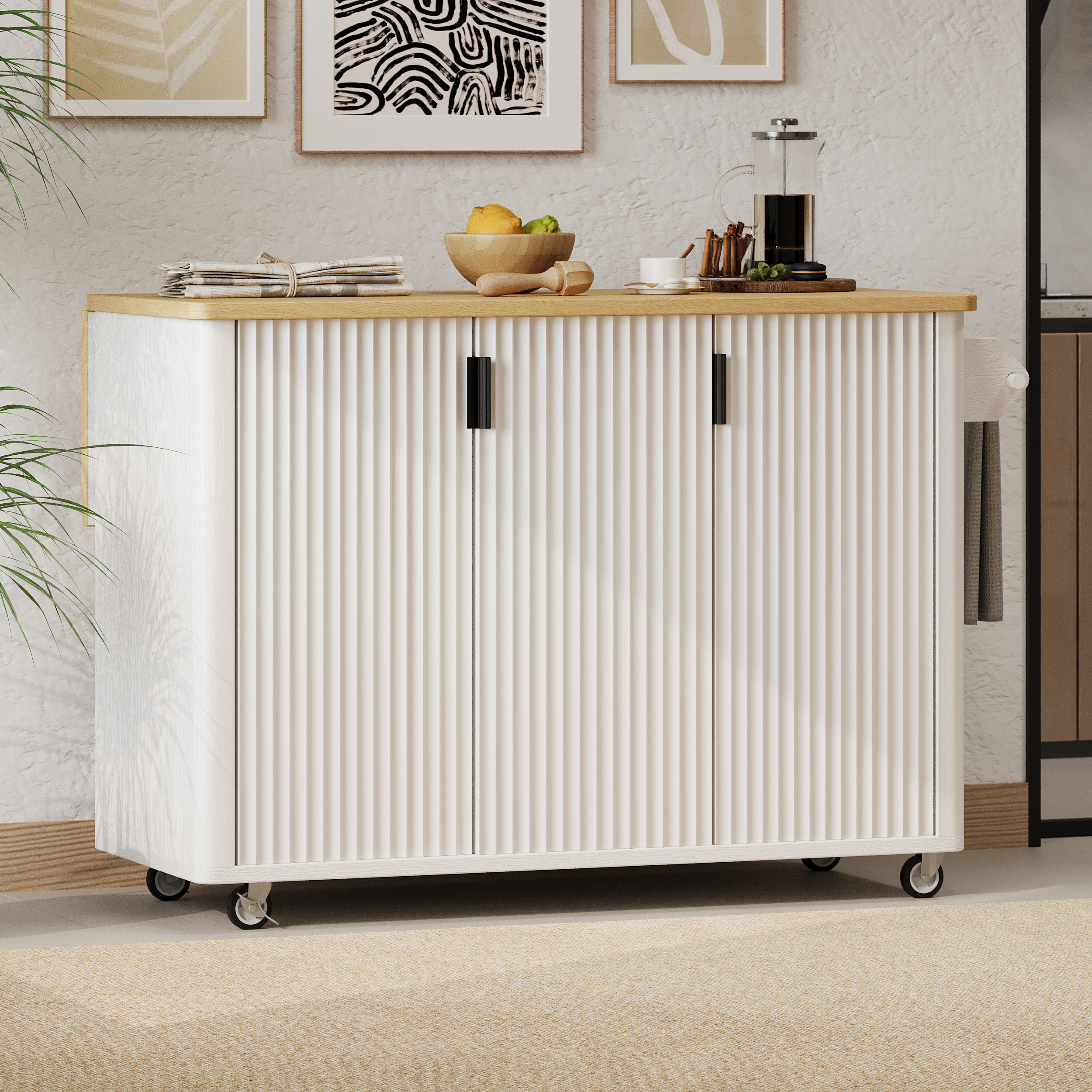 K&K 51″ Fluted Kitchen Island with Drop Leaf, Farmhouse Accent Kitchen Island on Wheels with Internal Storage Rack, Rolling Kitchen Cart with Towel Rack for Kitchen, Dining Room, White Ash