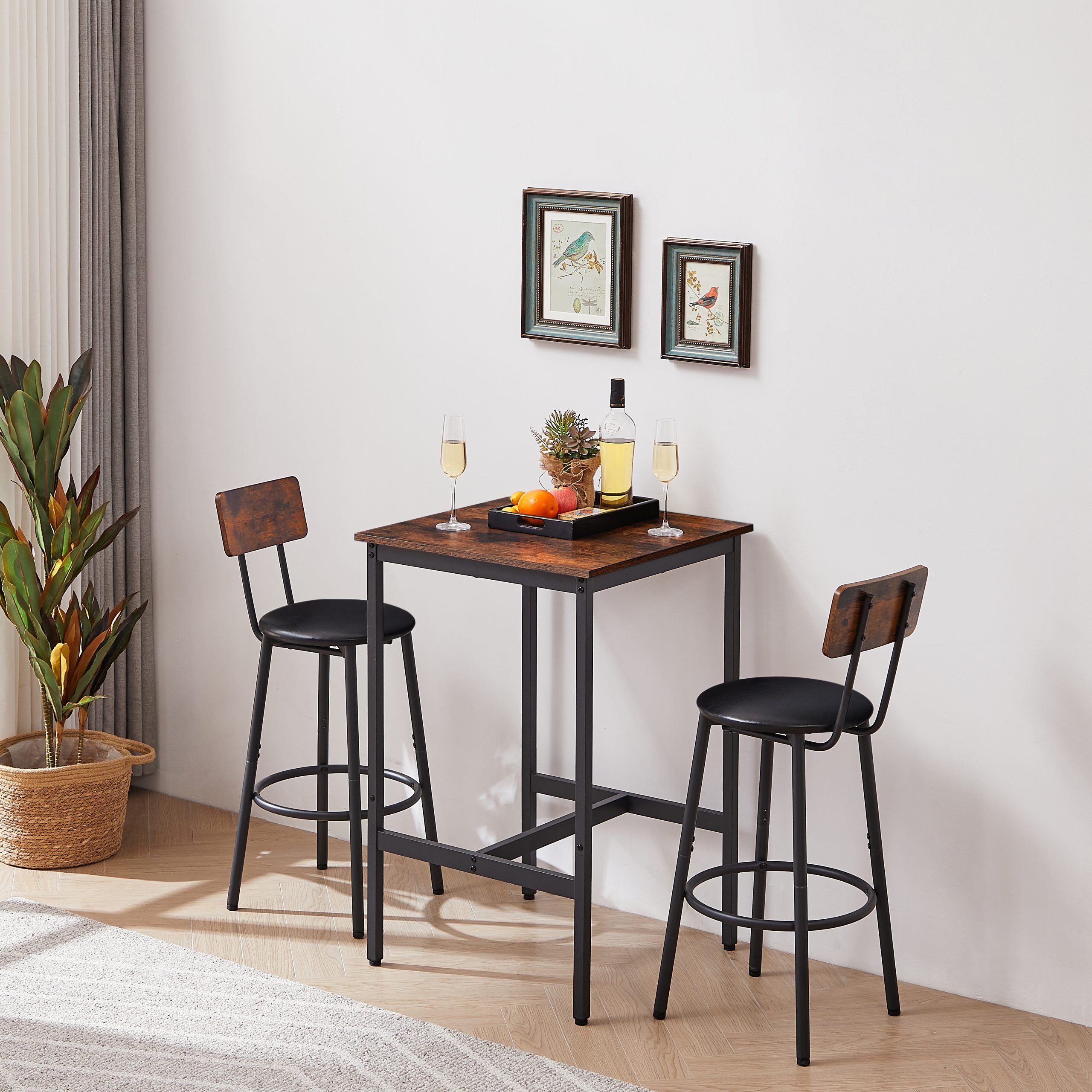 Bar Table Set with 2 Bar stools PU Soft seat with backrest, Rustic Brown, 23.62” W x 23.62” D x 35.43” H