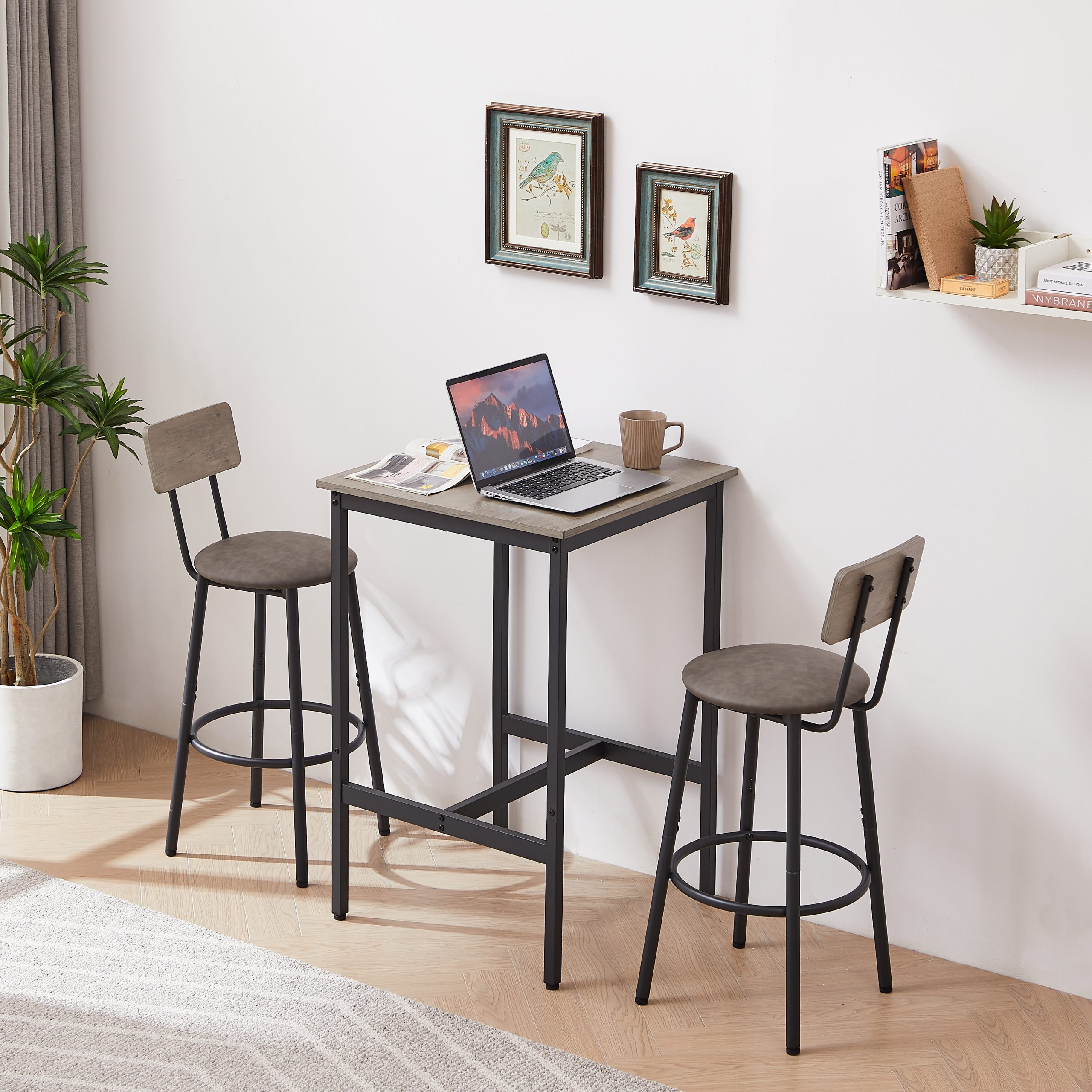 Bar Table Set with 2 Bar stools PU Soft seat with backrest, Grey, 23.62” W x 23.62” D x 35.43” H