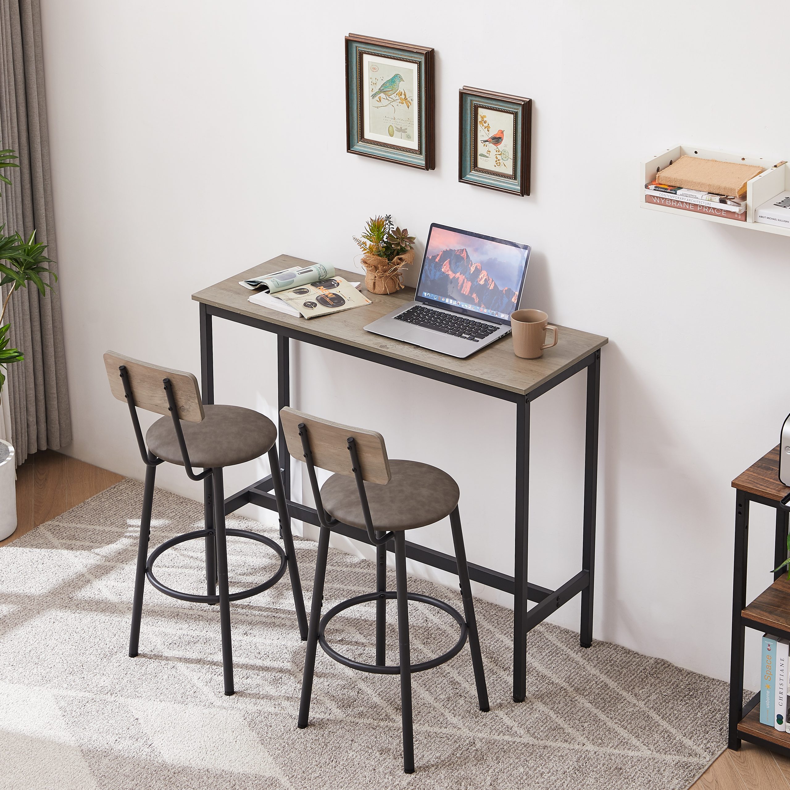 Bar Table Set with 2 Bar stools PU Soft seat with backrest, Grey, 43.31” L x 15.75” W x 35.43” H.