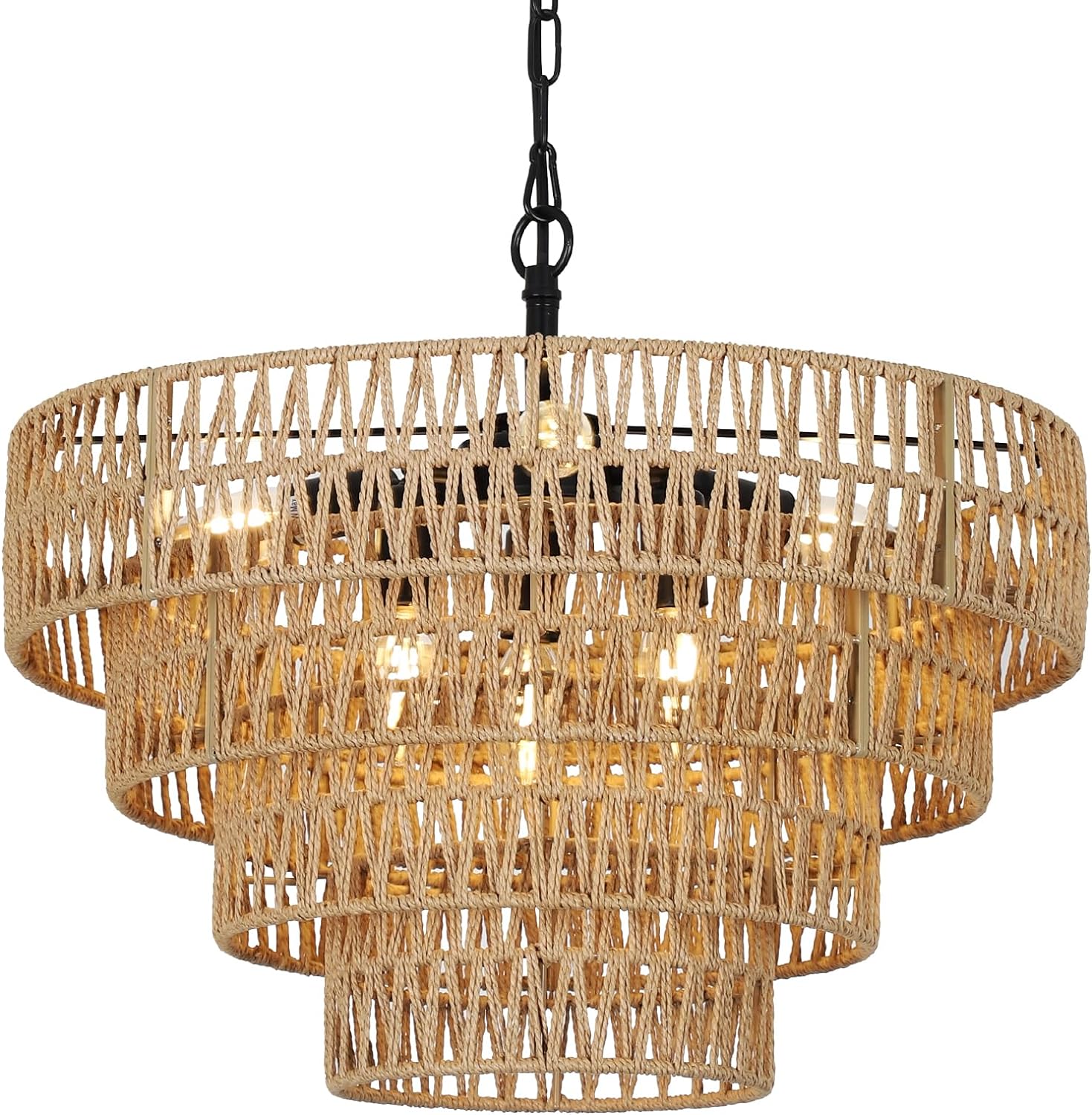 Boho Rattan Chandelier, 6-Light Dining Room Light Fixture, Wicker Pendant Lighting with 4-Tier Woven Lampshade, Large Farmhouse Chandeliers for Dining Room Bedroom Kitchen Living Room(20″)