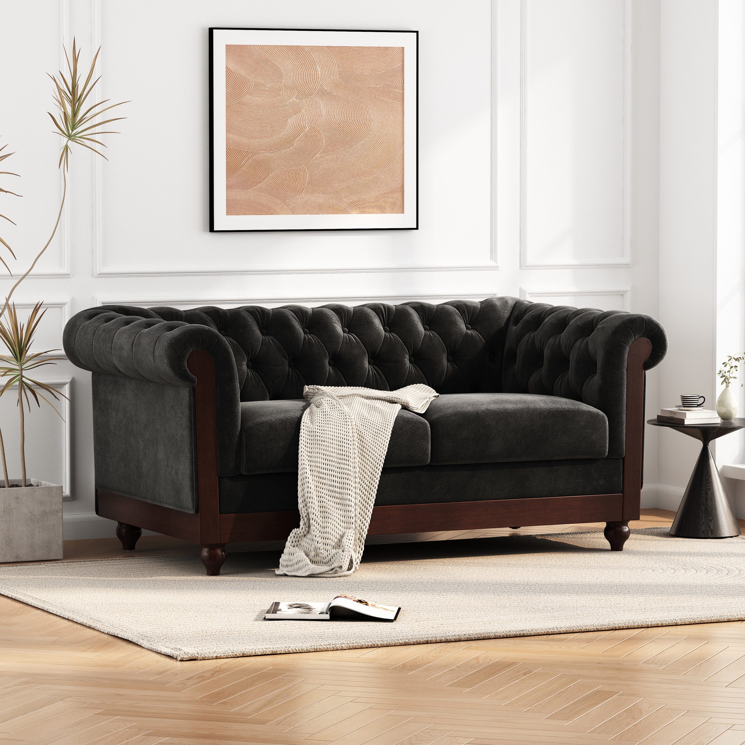 VIVALUX 59.44″ Chesterfield Velvet Loveseat Sofa,2-Person Rolled Arm Dutch Plush Upholstered Sofa Couch with Tufted Button for Living Room, Bedroom, Small Places,Black