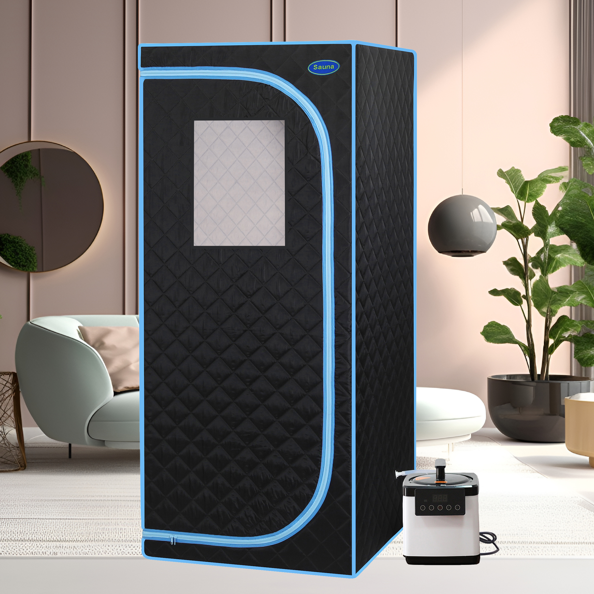 Portable Plus Type Full Size Steam Sauna tent. Spa, Detox ,Therapy and Relaxation at home.Larger Space,Stainless Steel Pipes Connector Easy to Install, with FCC Certification–Black(Blue binding)