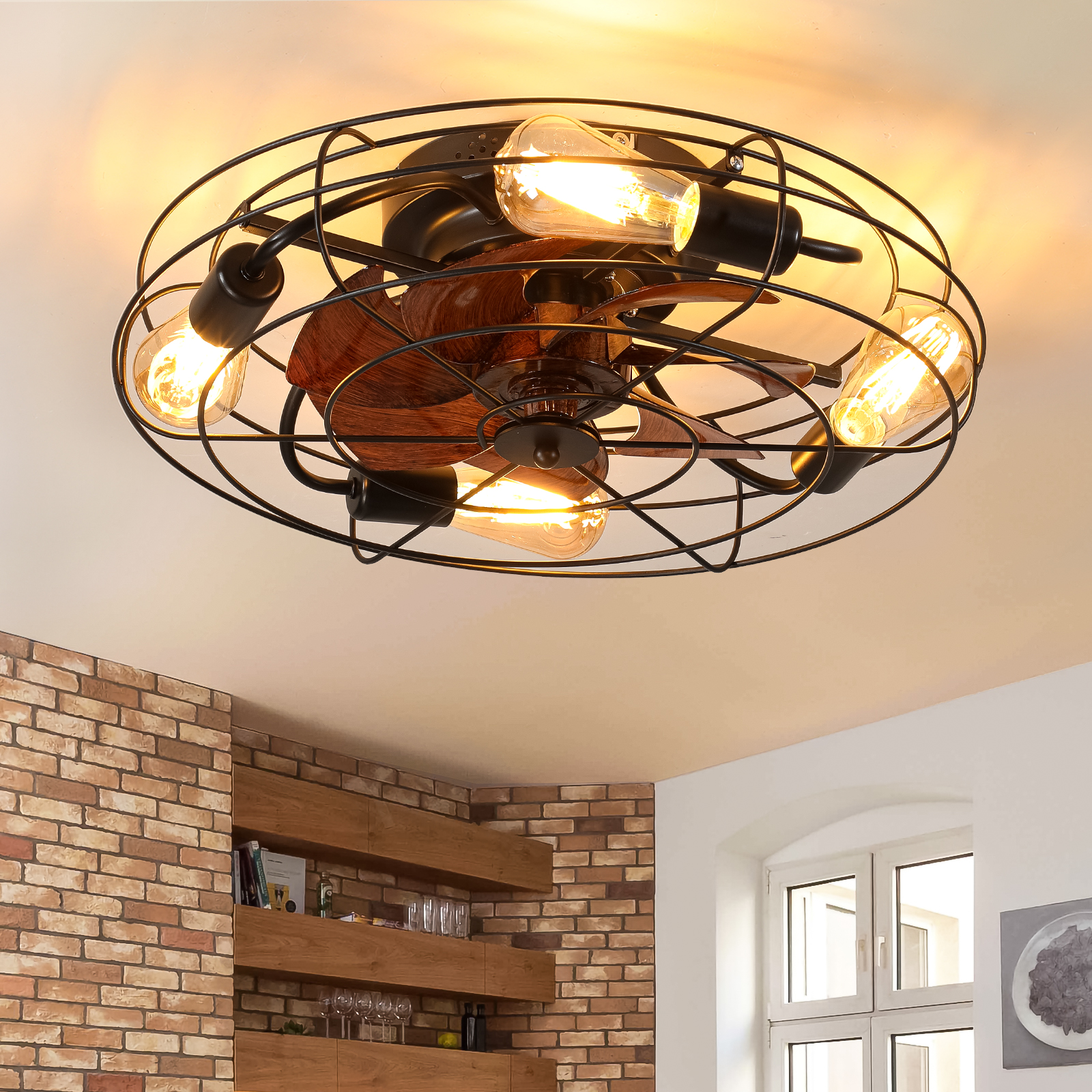 Caged Ceiling Fan With Light, 20” farmhouse Low Profile Ceiling fan Lights With Remote Control, Modern Enclosed 4x E26 Bulb Ceiling Fans With Reversible Motor Living Room Bedroom Kitchen, Black