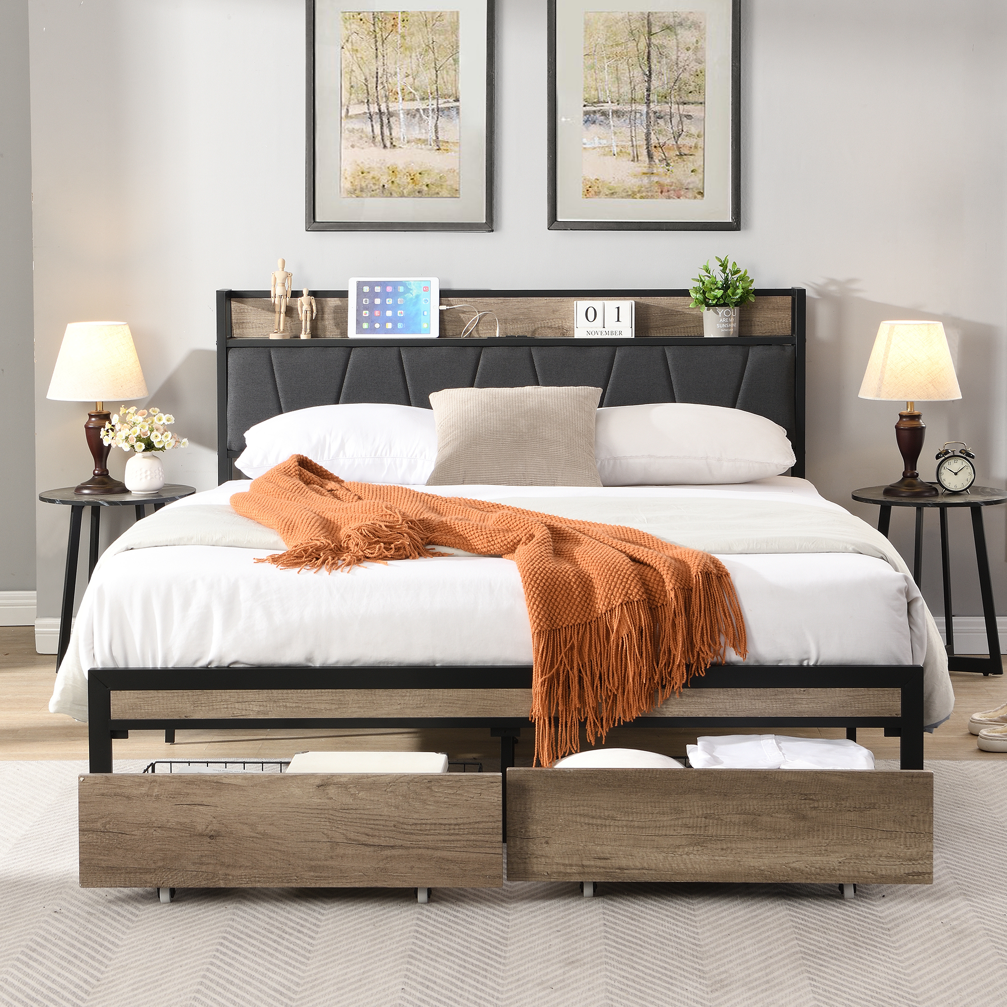 FULL Size  Metal Platform Bed Frame with upholstery storage function Headboard   and USB LINER  and Footboard with drawers , No Box Spring Needed, Large Under Bed Storage, Easy Assemble