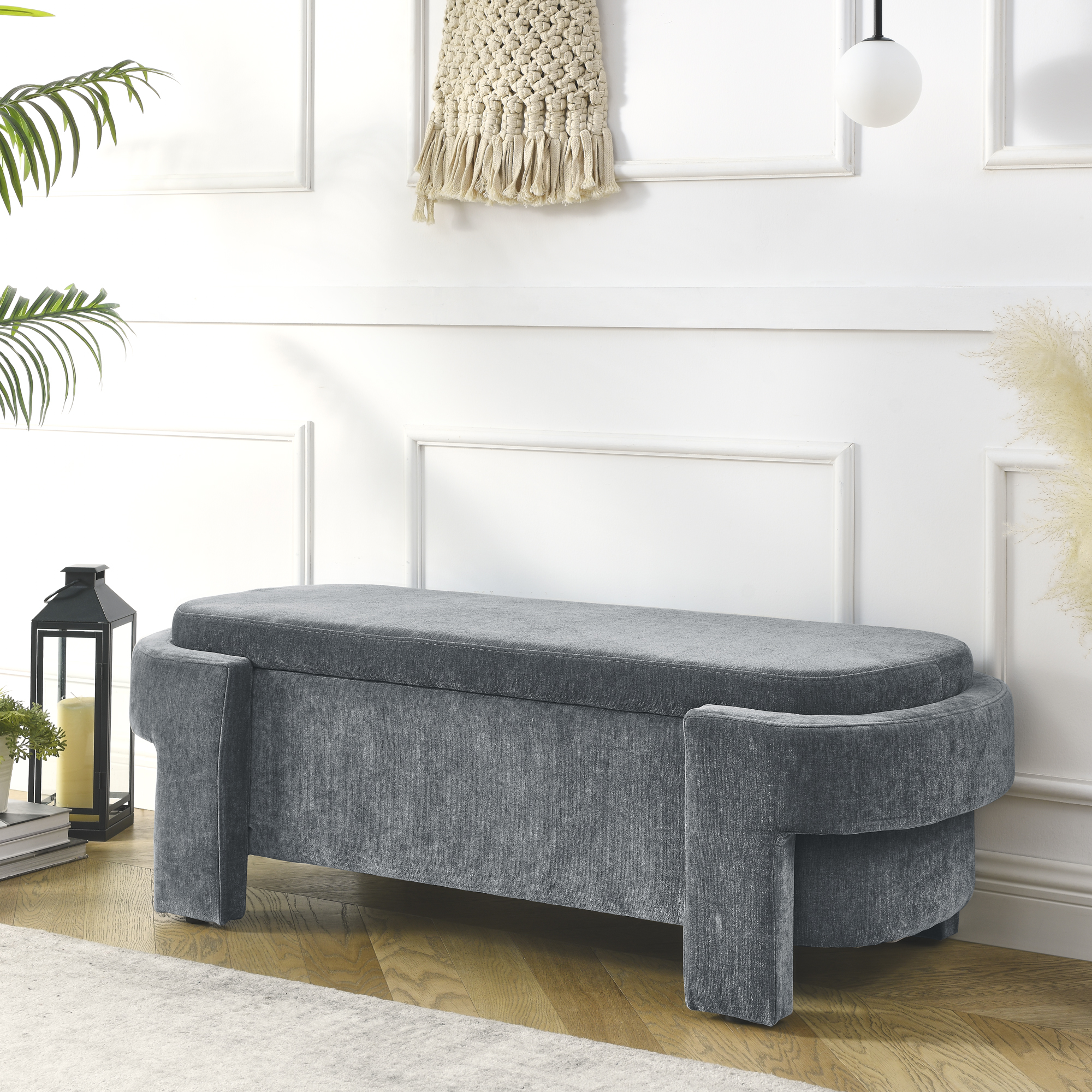 Chenille Upholstered Bench with Large Storage Space for the Living Room, Entryway and Bedroom,Grey,( 51.5”x20.5”x17” )