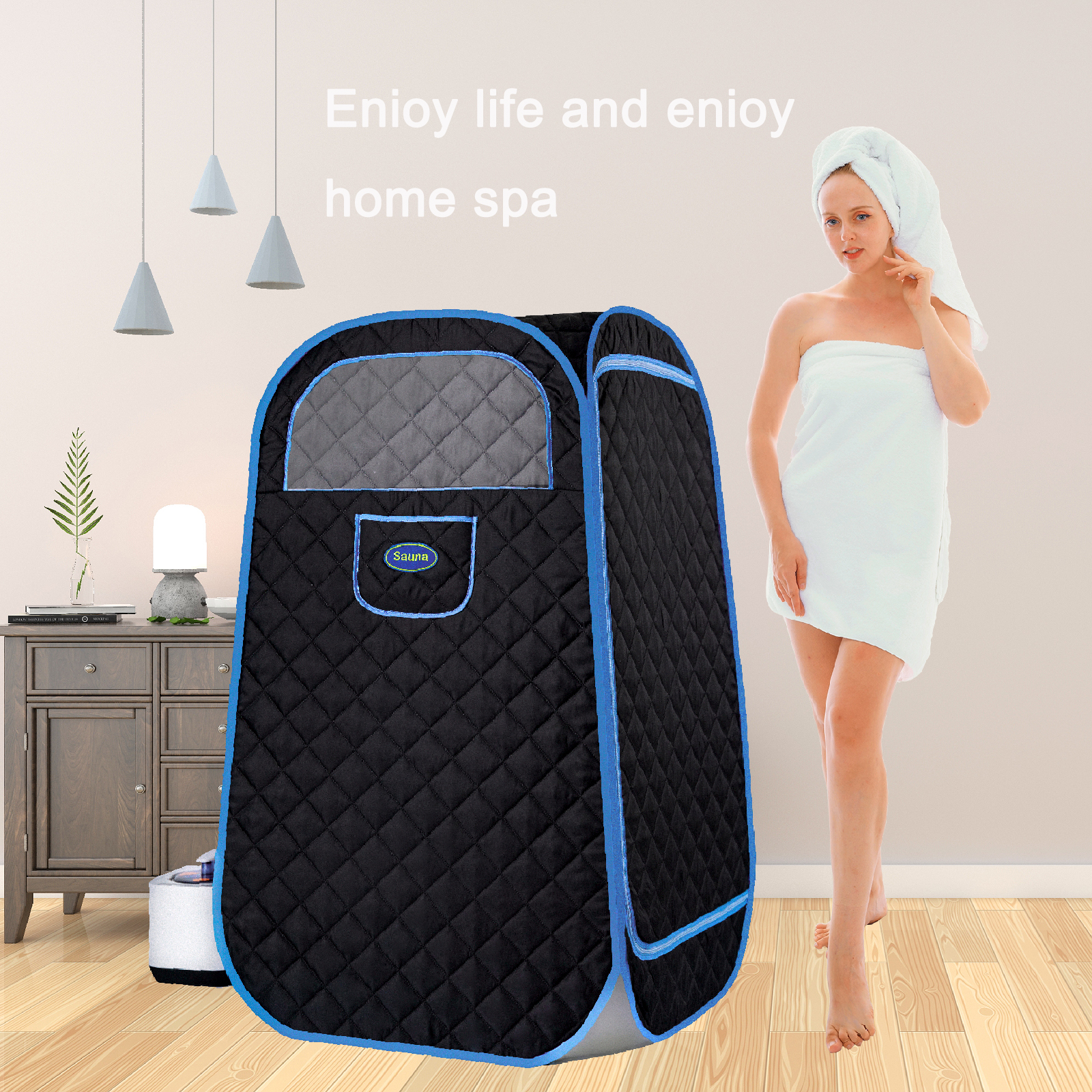 Portable Folding Full size Steam Sauna with 1000W&2.2L steam Generator. Personal Sauna Tent for Relaxation & Spa at home. Fast heating. Folding Steel Rim, it’s easy to install, with FCC certification.