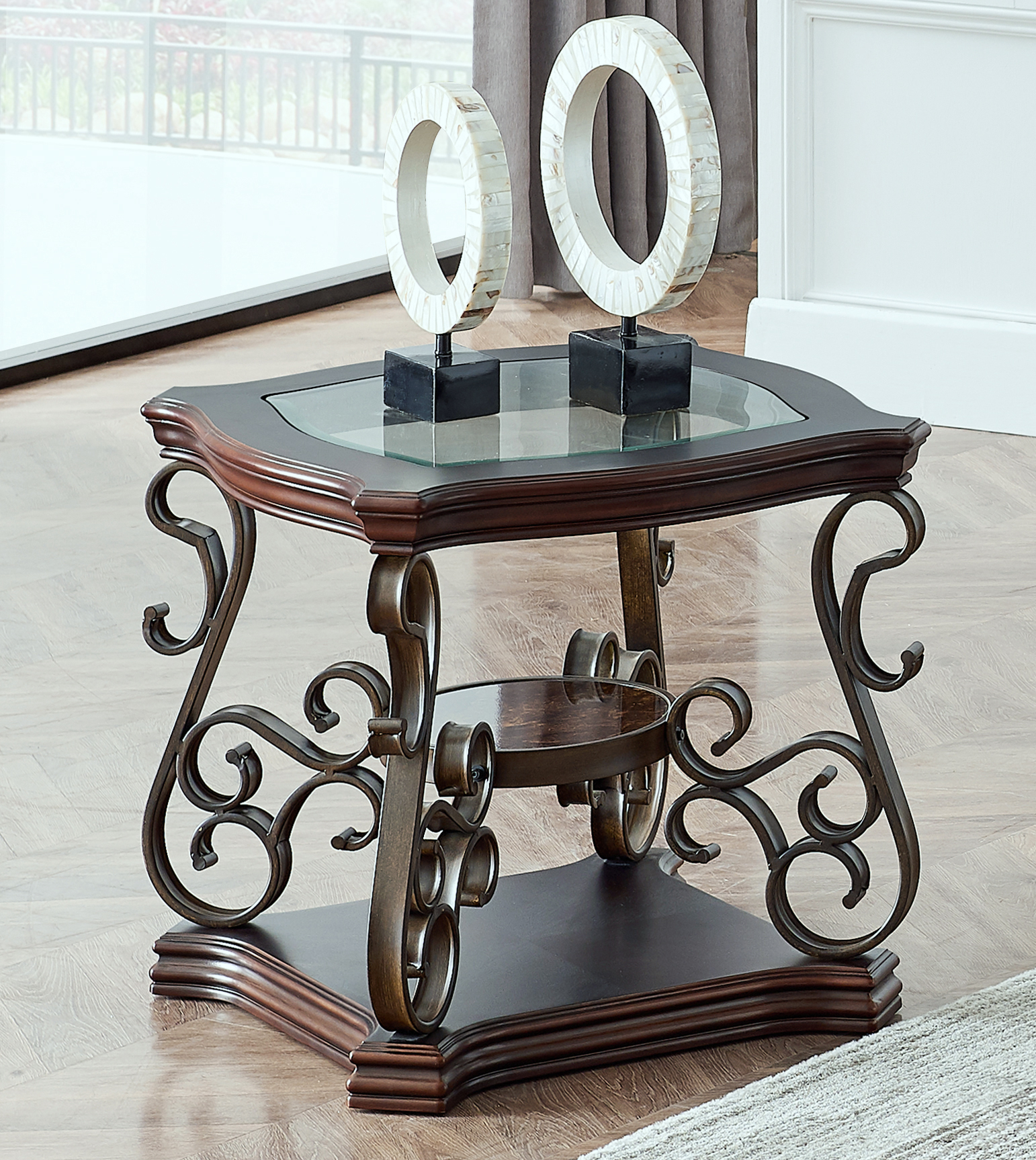 End table,  Glass table top, MDF W/marble paper middle shelf, powder coat finish metal legs. (26.3″Lx26.3″Wx24″H)