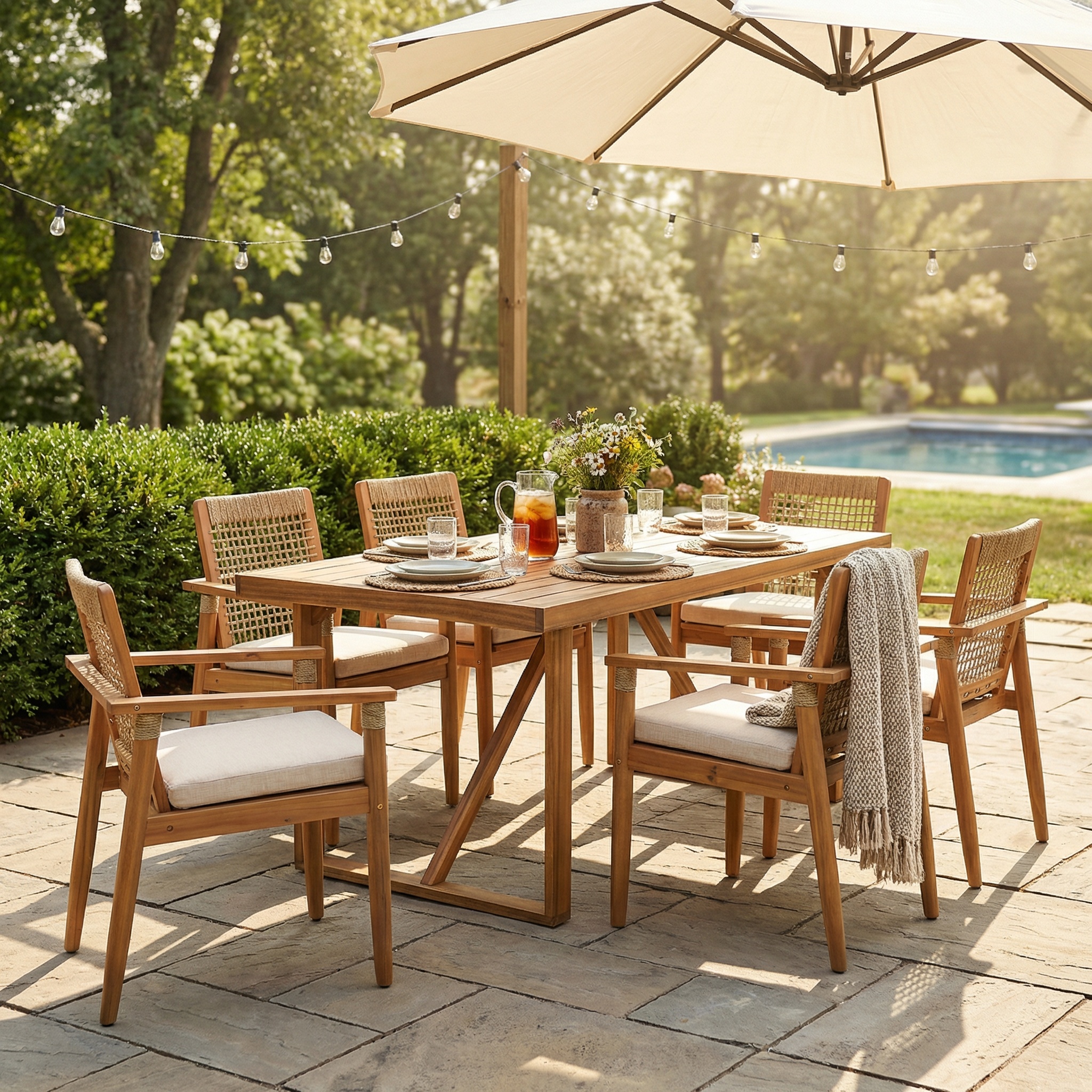 7 Pieces Acacia Wood Outdoor Dining Set with Cushions,Modern 6 Chairs with Handwoven Cord and 1 Large Table, Dining Furniture Set for Lawn, Backyard, Garden Deck,Poolside,Teak