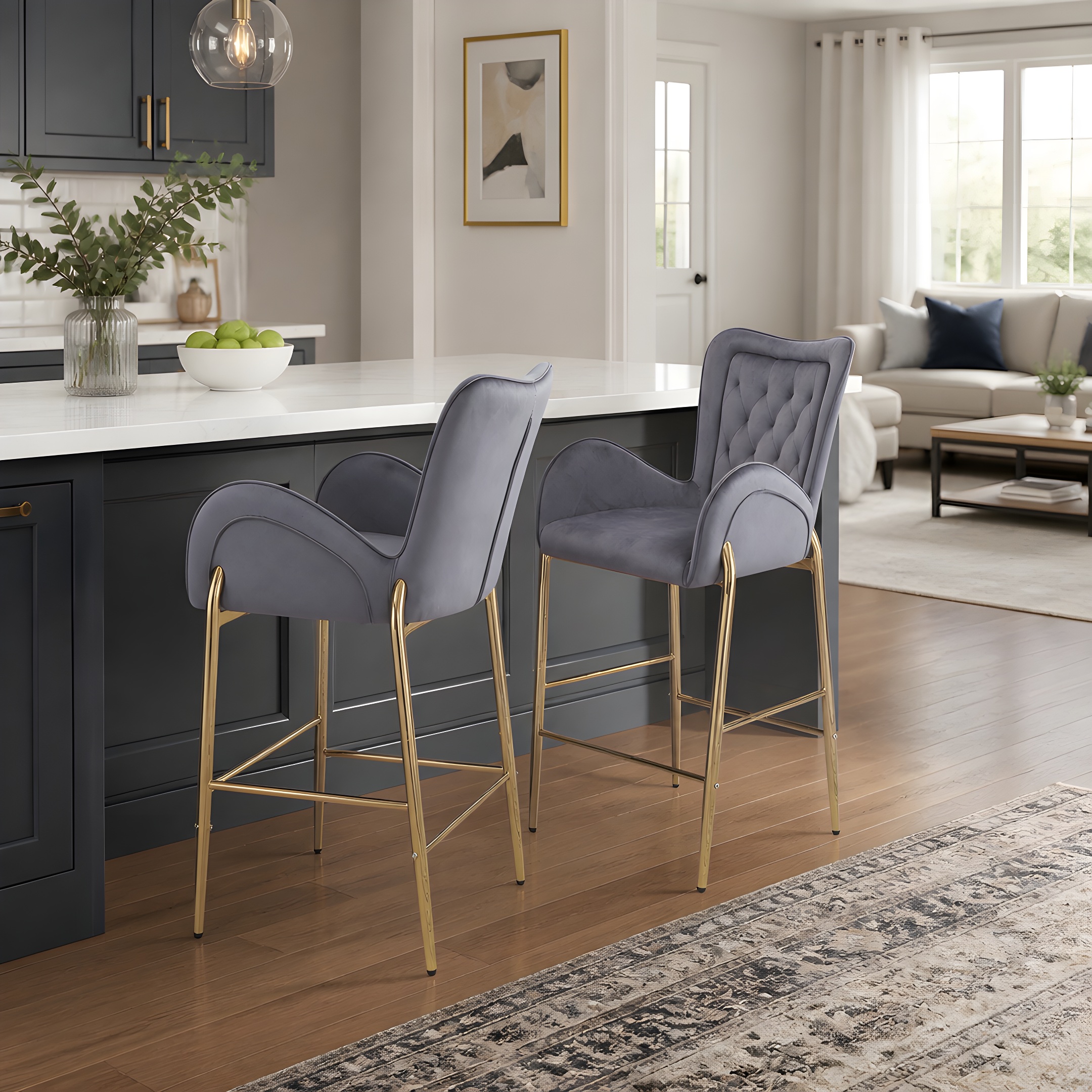 28.75inch Counter Height Bar Stools Set of 2, Bar Height Arm Chairs, Velvet Fabric Stools with Golden Legs and Footrests,Gray