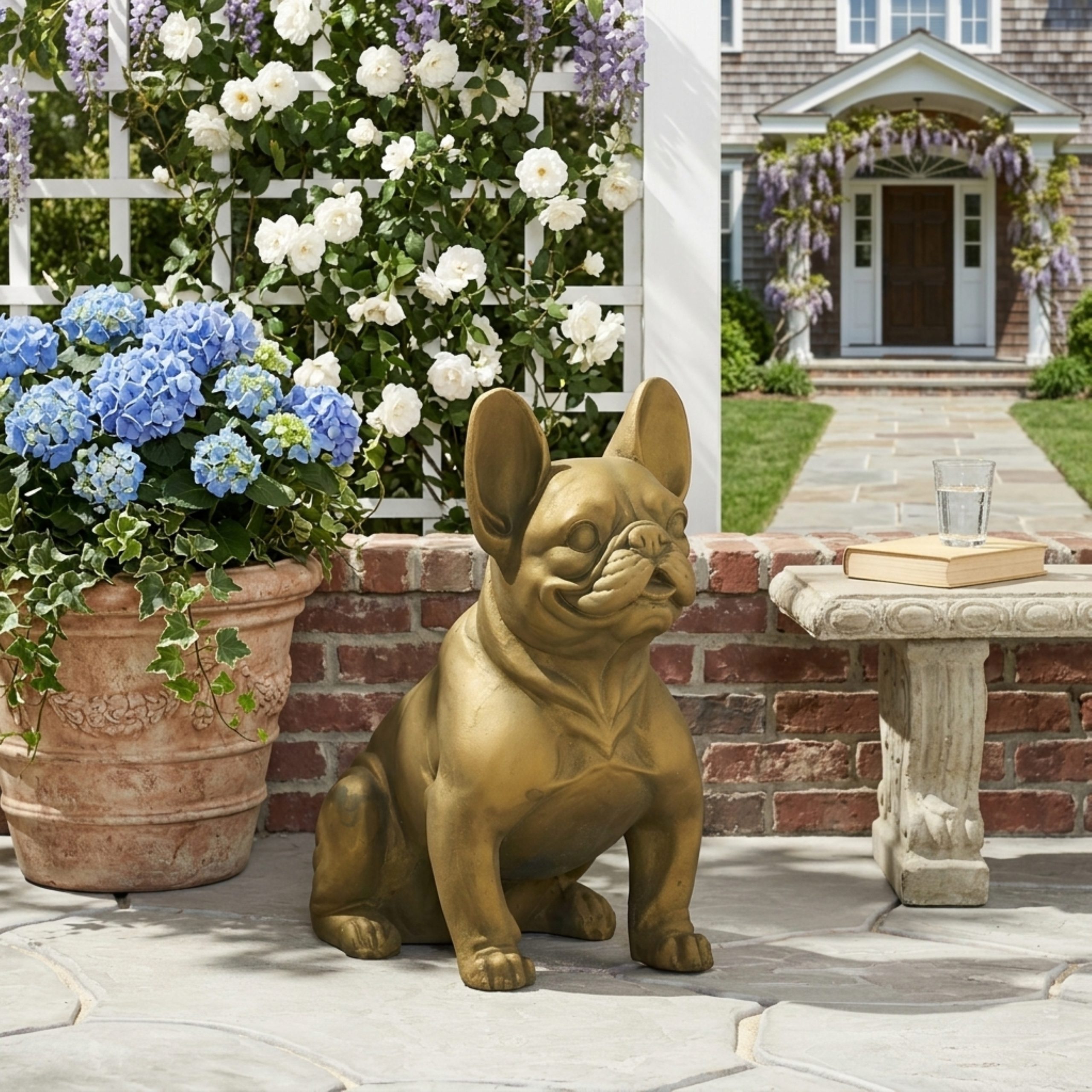 DOG GARDEN SCULPTURE, Outdoor French Bulldog Garden Statue, Rustic Gold, No Assembly Required