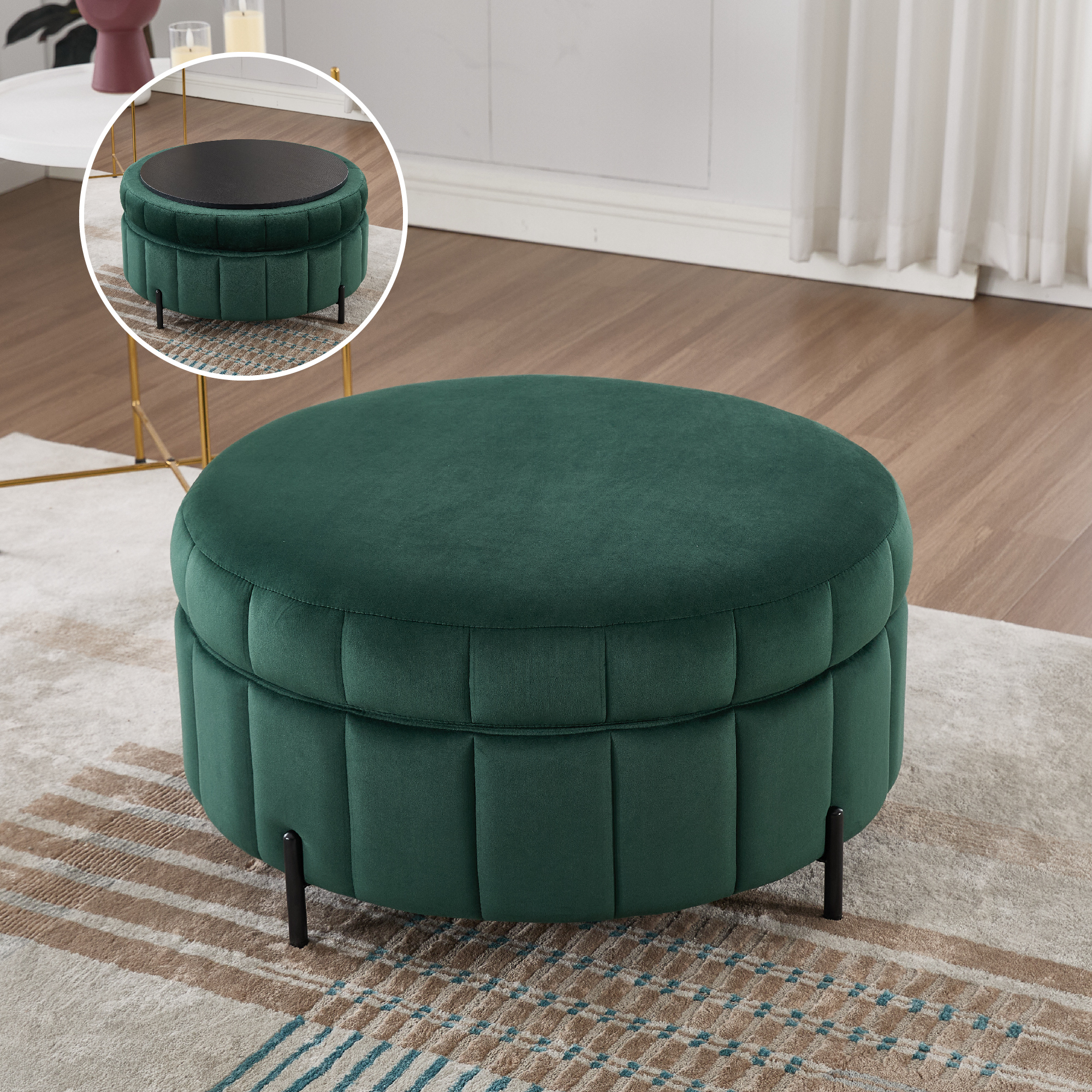 31.5″W Upholstered Round Ottoman With Reversible Lid, Velvet Storage Stool, Channel Tufted Pumpkin-shape Footstool for Living room, Bedroom and Office, Green