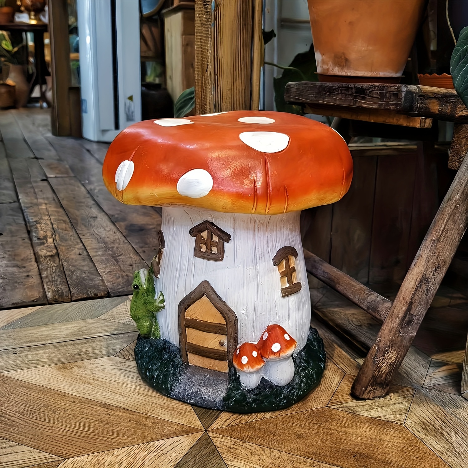 l13.4″ Mushroom House Garden Stool, Oversized Resin Sculpture & Fairy Forest Base, Decorative Stool for Home, Courtyard, Lawn, Indoor & Outdoor Spring & Summer Decoration