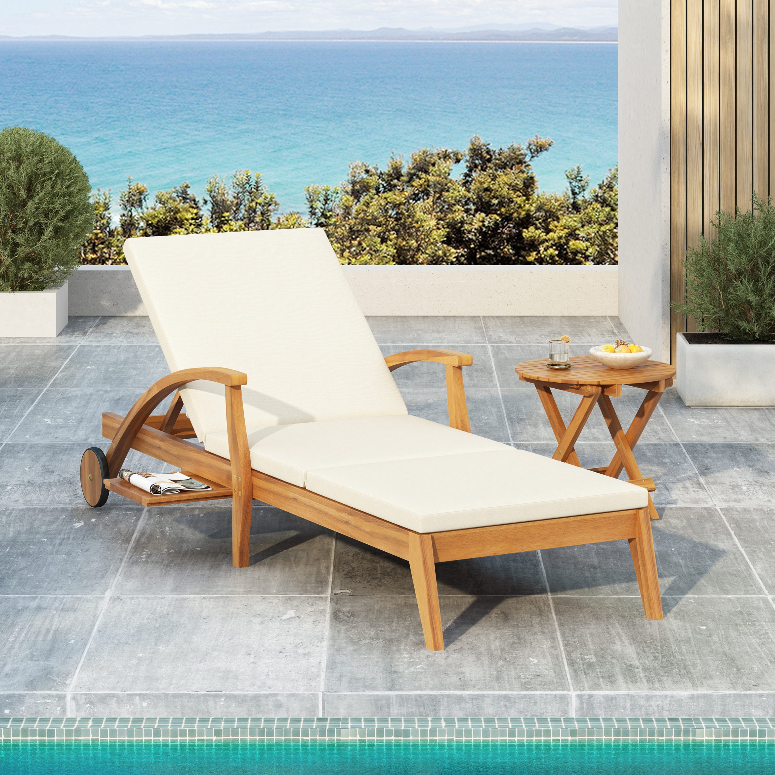 CHAISE LOUNGE WITH WHEEL – ACACIA WOOD RECLINER FOR PATIO/GARDEN, WITH 2INCH WHITE CUSHION, 4-POSITION ADJUSTABLE BACKREST, VERSATILE OUTDOOR FURNITURE ( Only 1 SET: 1 frame+ 1 Cushion)