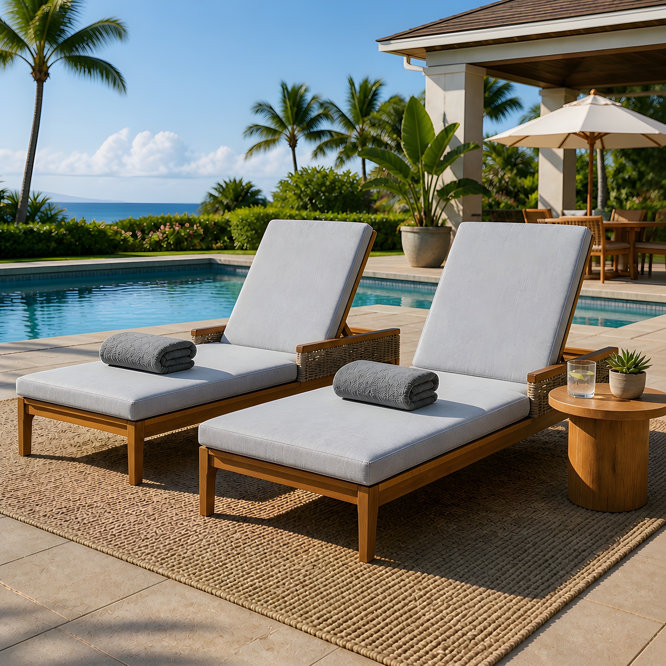 76.8″ Solid Acacia Wood Sun Chaise Lounger Set of 2, Outdoor Patio Furniture with Grey Cushions and Light Grey Wicker for Garden, Deck, Poolside Relaxation,Natural +Light Grey Wicker