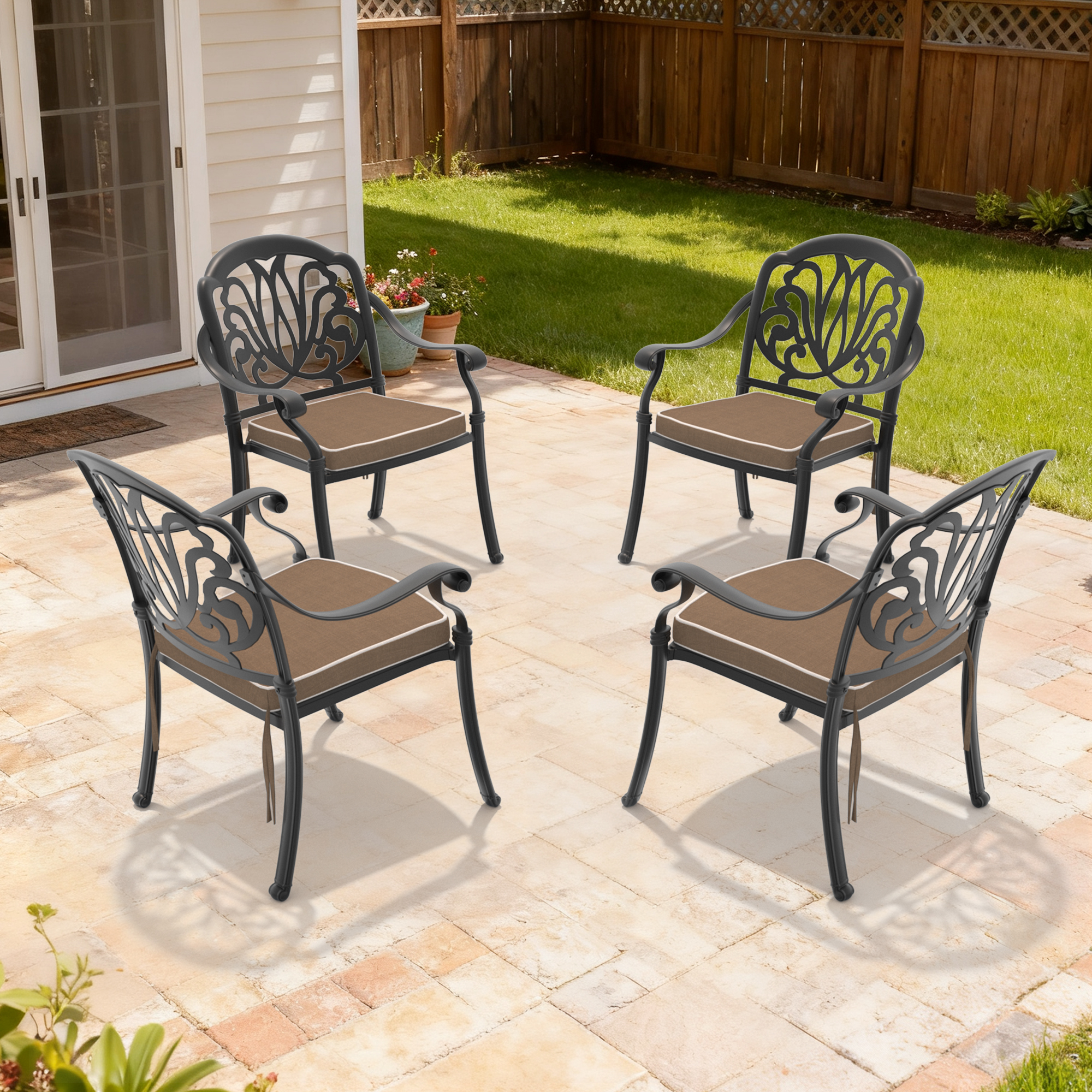 Cast Aluminum Patio Dining Chair 4PCS With Black Frame and Brown Cushions (same sku: W1710P166052,W171091754)