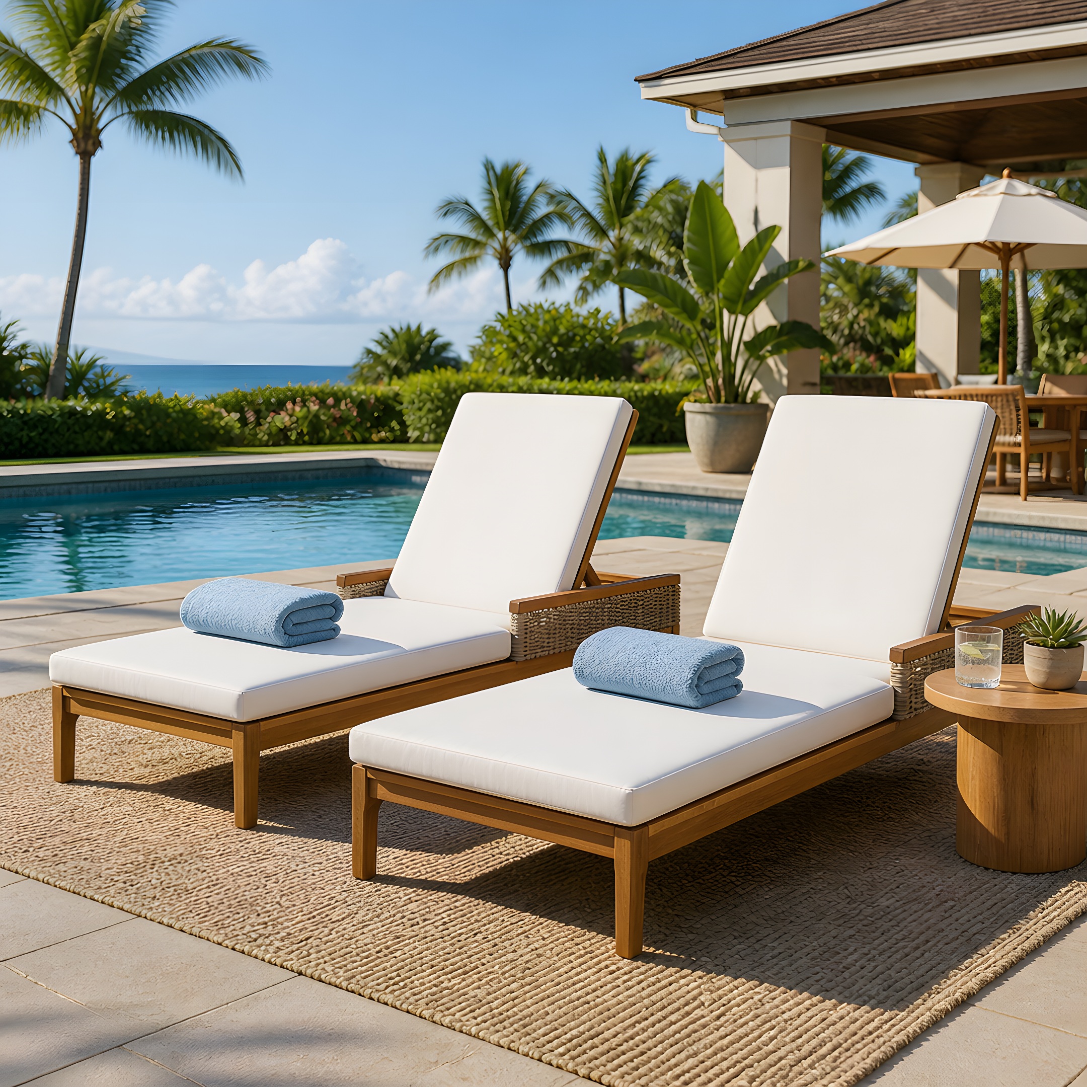76.8″ Solid Acacia Wood Sun Chaise Lounger Set of 2, Outdoor Patio Furniture with Beige Cushions and Light Grey Wicker for Garden, Deck, Poolside Relaxation,Natural +Beige Cushion