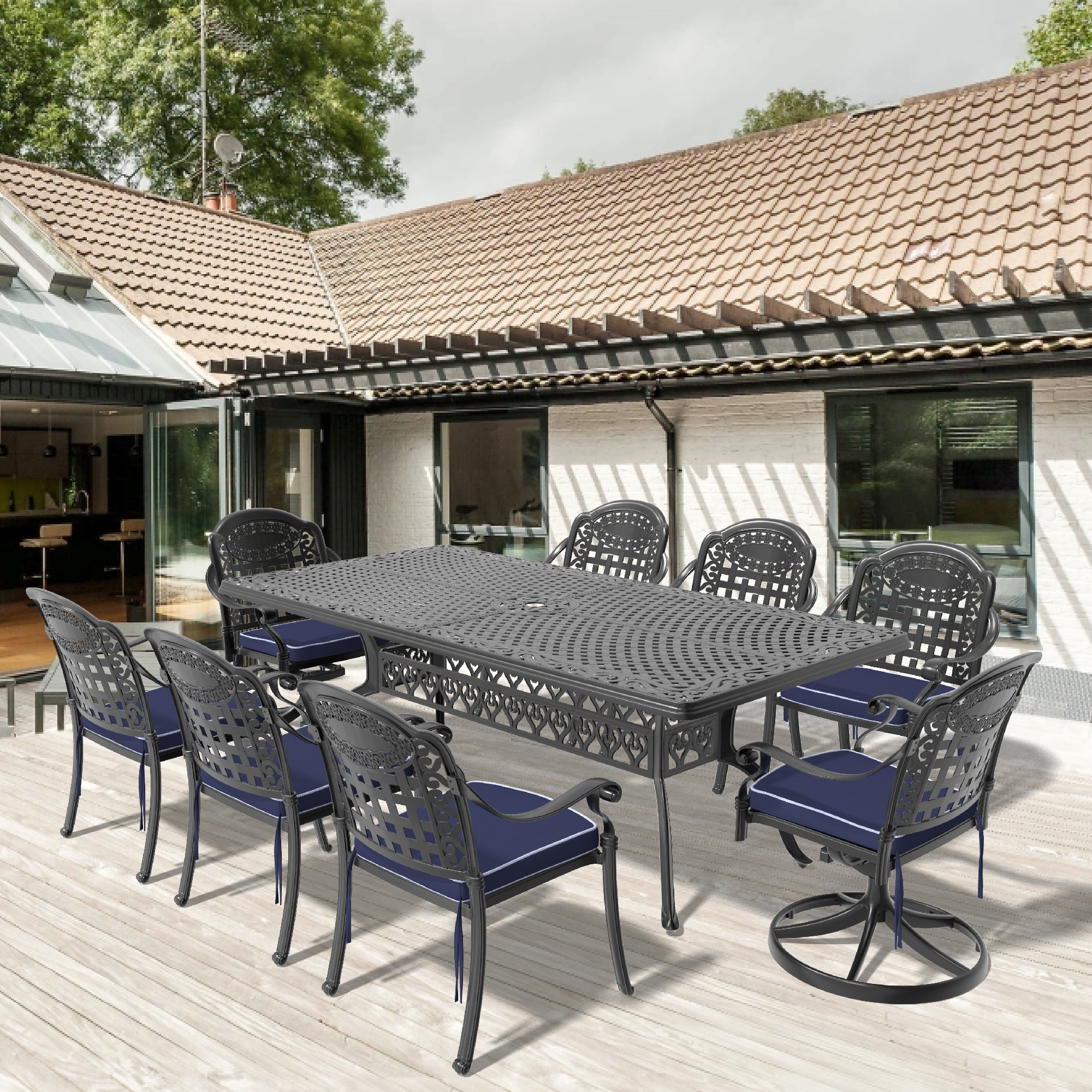 9-Piece All-Weather Cast Aluminum Dining Set, Include 2 Swivel Chairs,6 Dining Chairs and Rectangular Table With Black Frame (same sku: W1710S00478,W1710S00390)