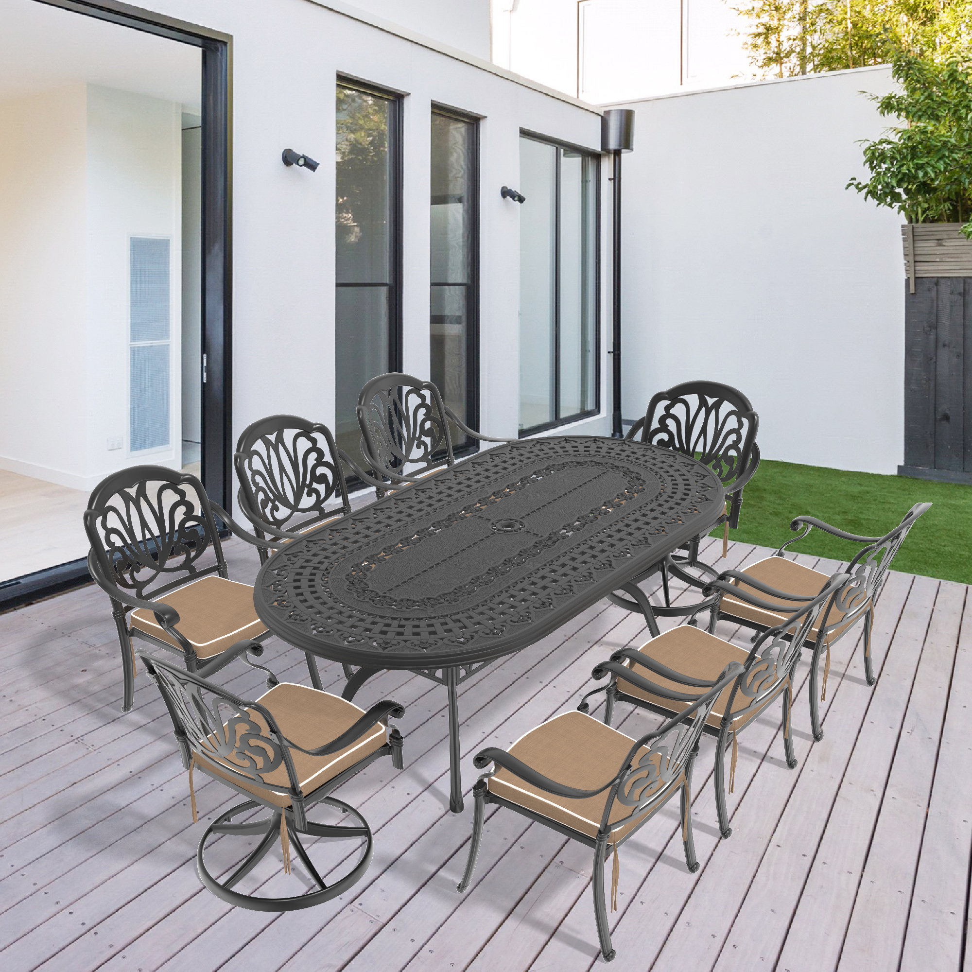 9-Piece All-Weather Cast Aluminum Dining Set, Include 2 Swivel Chairs,6 Dining Chairs and Oval Table With Black Frame (same as:W1710S00471 , W1710S00603,W1710S00379)