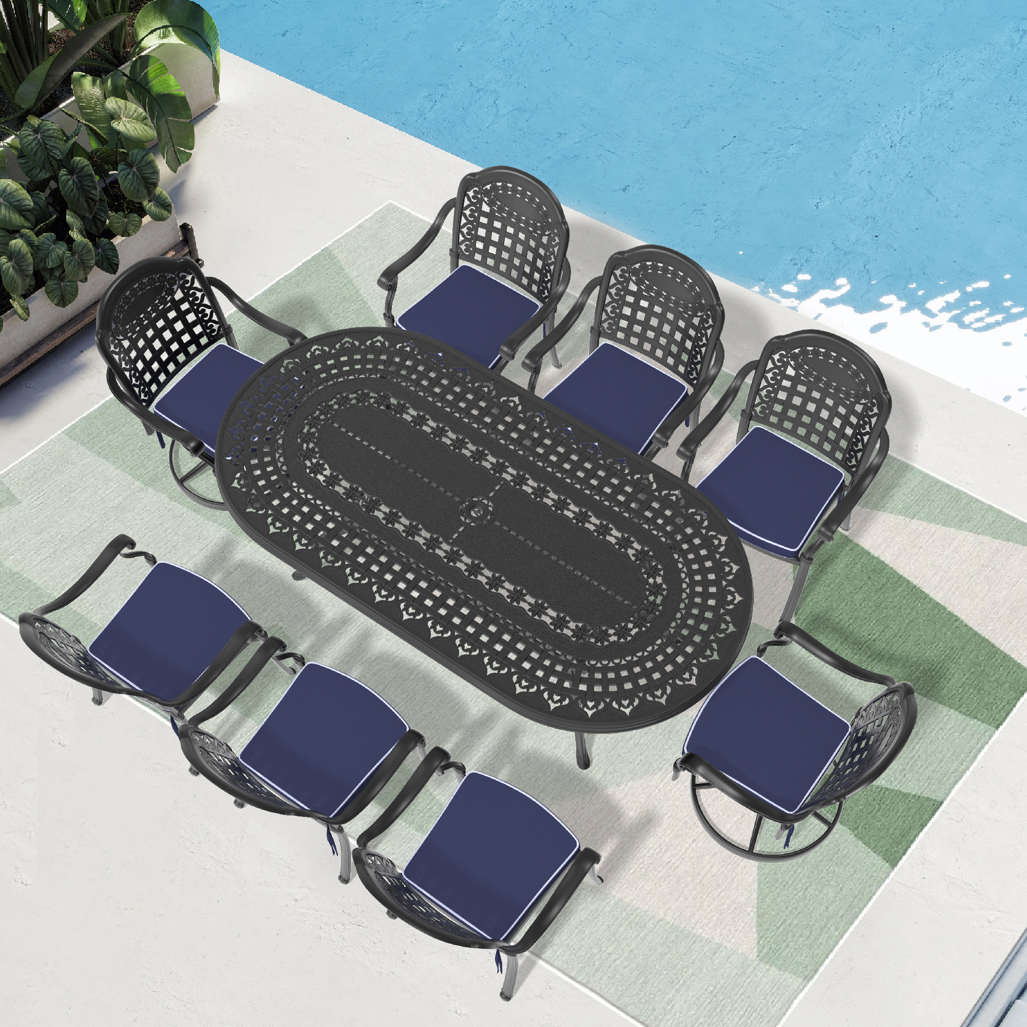 9-Piece All-Weather Cast Aluminum Dining Set, Include 2 Swivel Chairs,6 Dining Chairs and Oval Table With Black Frame (same as:W1710S00472 , W1710S00604,W1710S00387)
