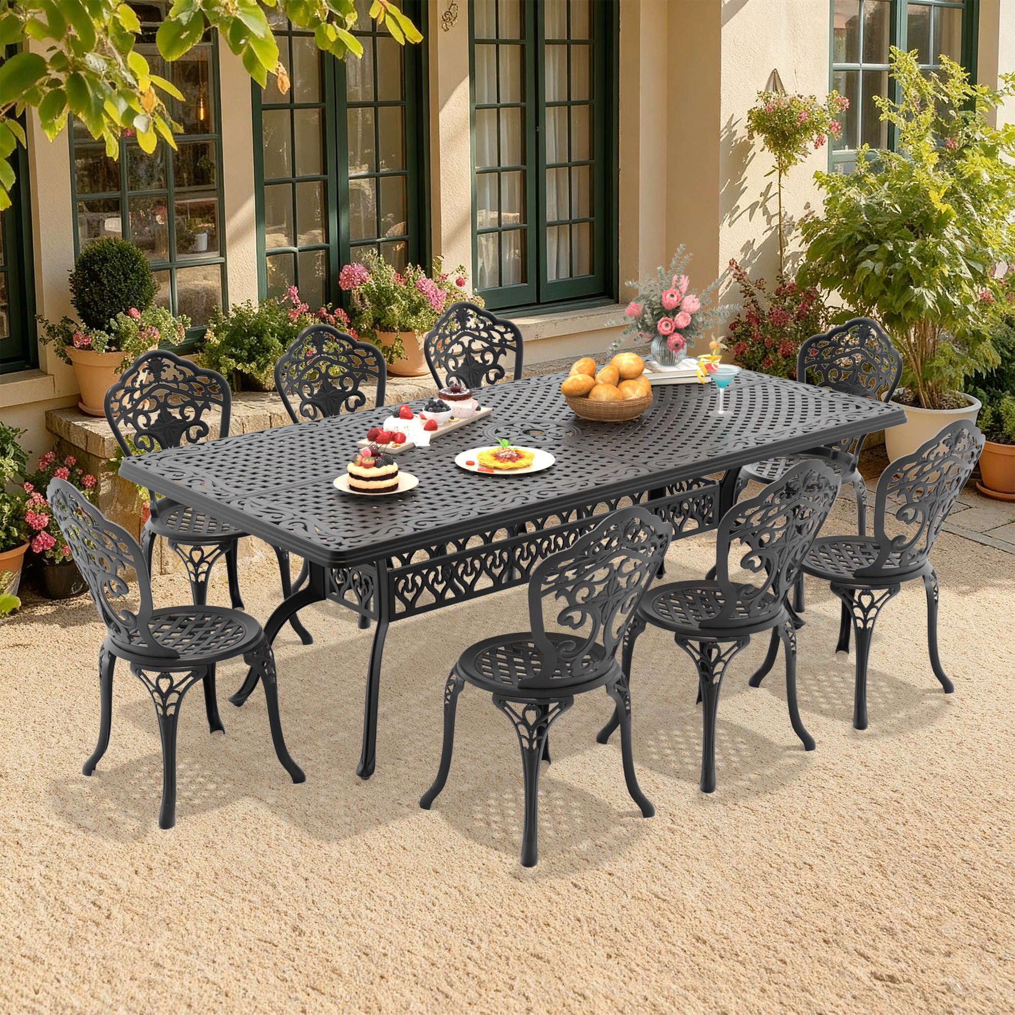 9-Piece Set Of All-Weather Cast Aluminum Dining Furniture Set With Black Frame(same sku: W1710S00535)