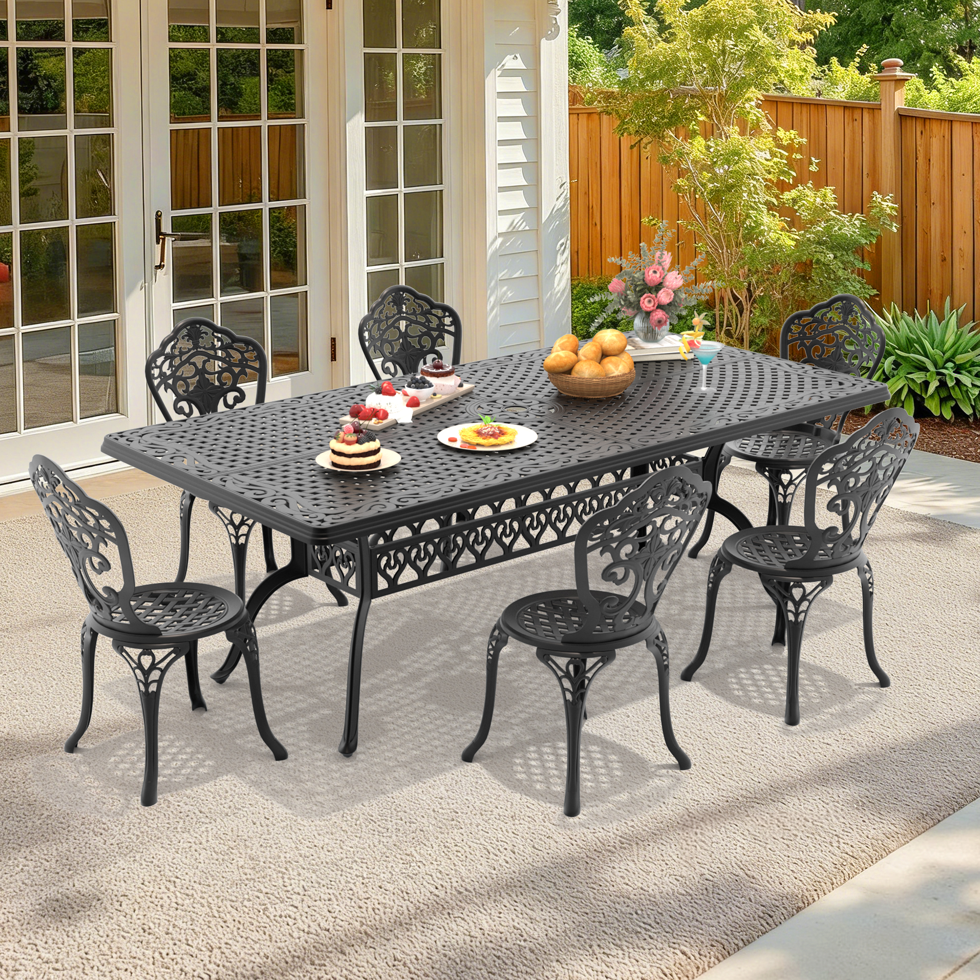 7-Piece Set Of All-Weather Cast Aluminum Dining Furniture Set With Black Frame(same sku: W1710S00534)
