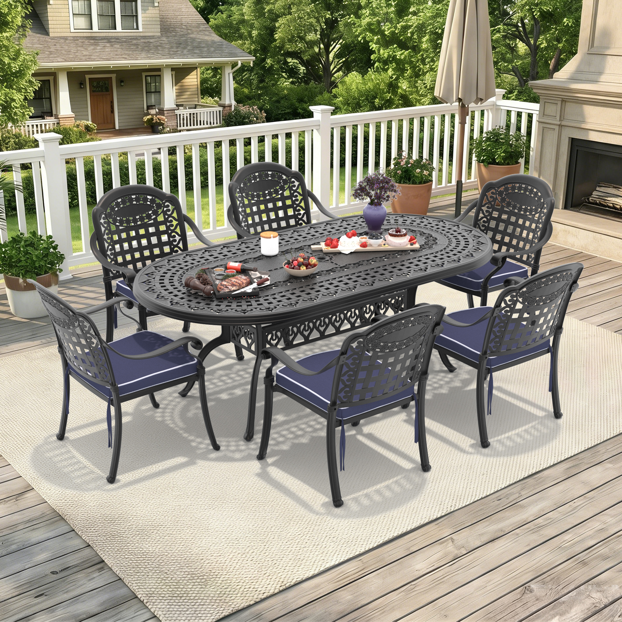 7-Piece Set Of Cast Aluminum Patio Furniture With Blue Cushions (same as : W1710S00596 ,W1710S00650 ,W1710S00105)