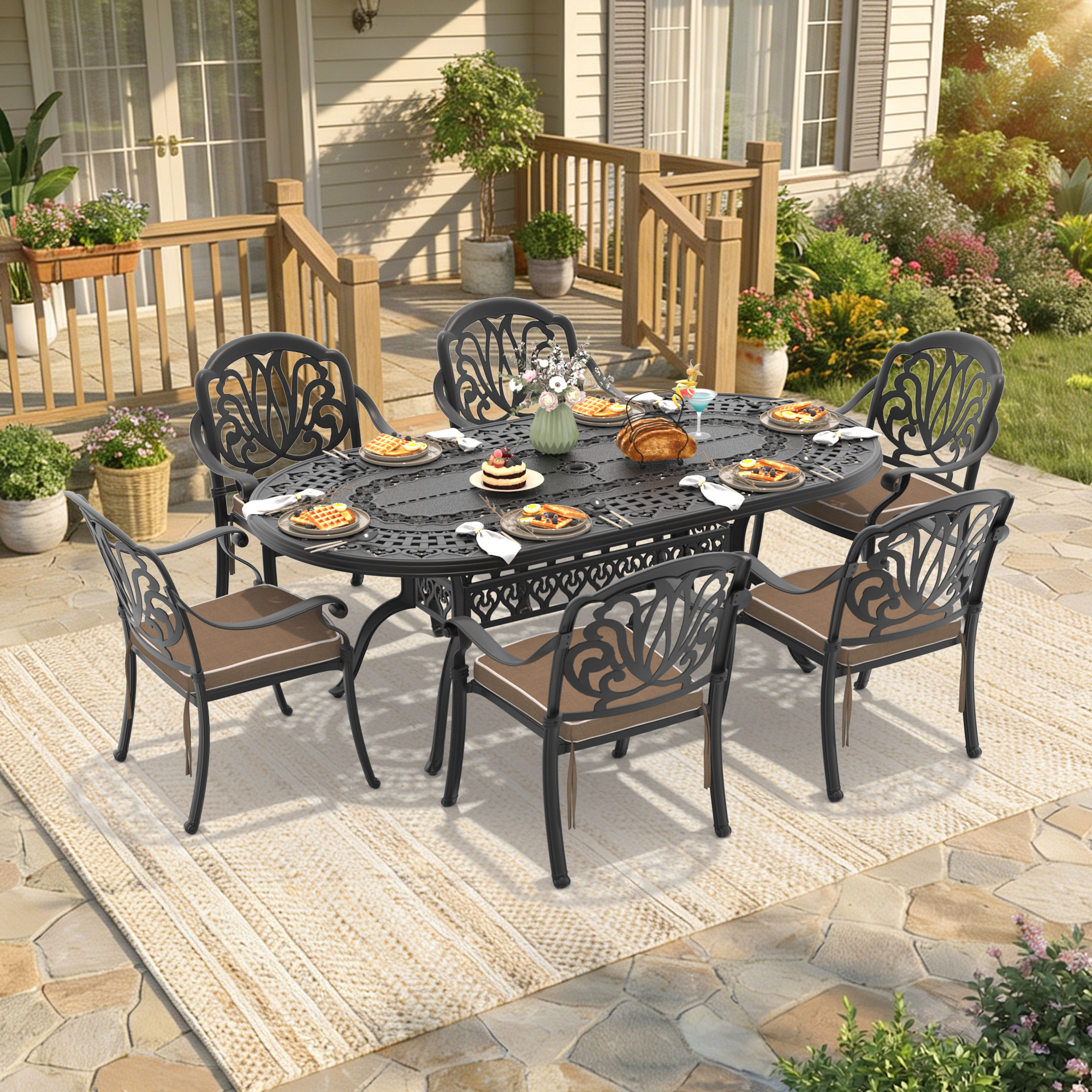 7-Piece Set Of Cast Aluminum Patio Furniture With Brown Cushions (same as: W1710S00595 ,W1710S00648, W1710S00103)