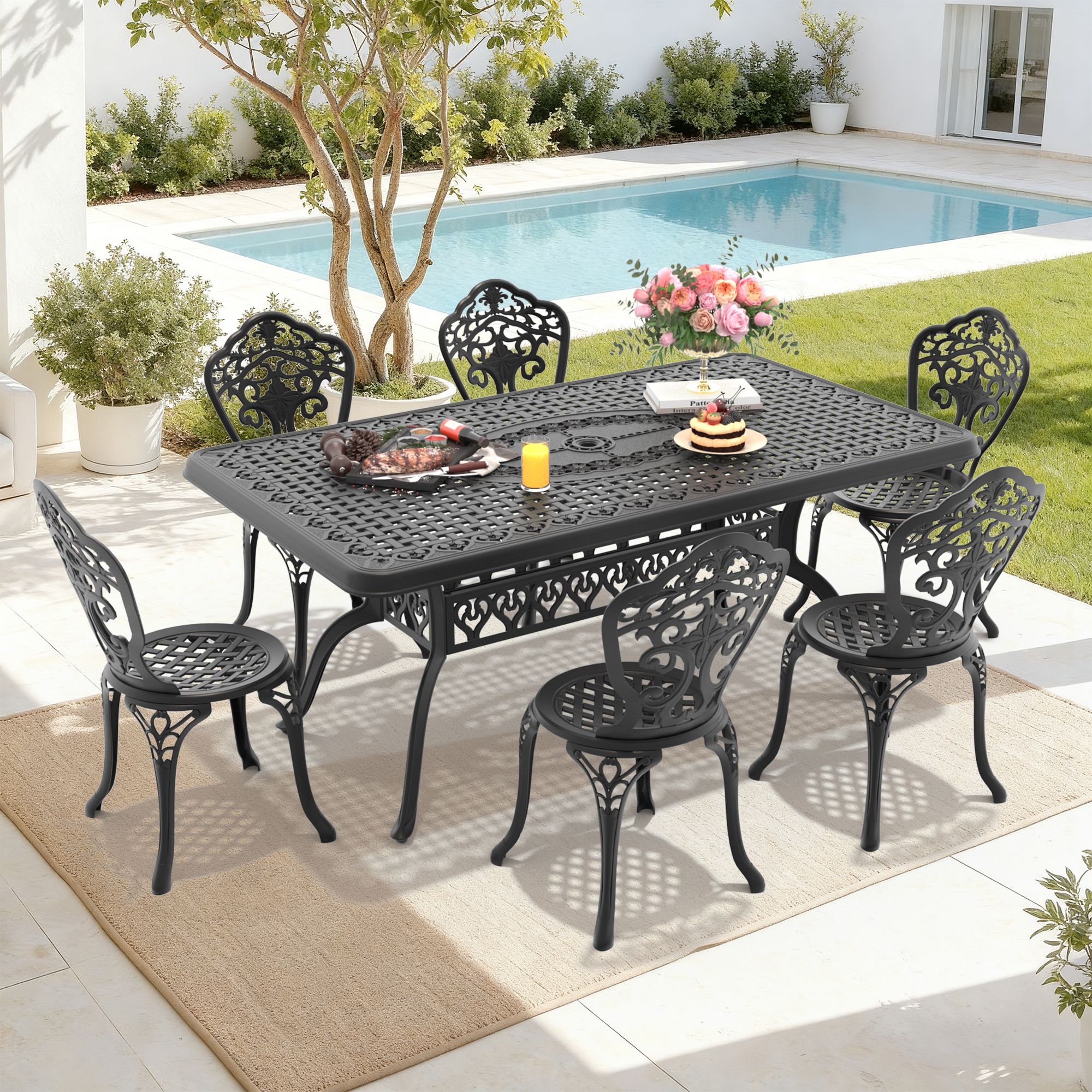 7-Piece Set Of All-Weather Cast Aluminum Dining Furniture Set With Black Frame(same sku: W1710S00531)