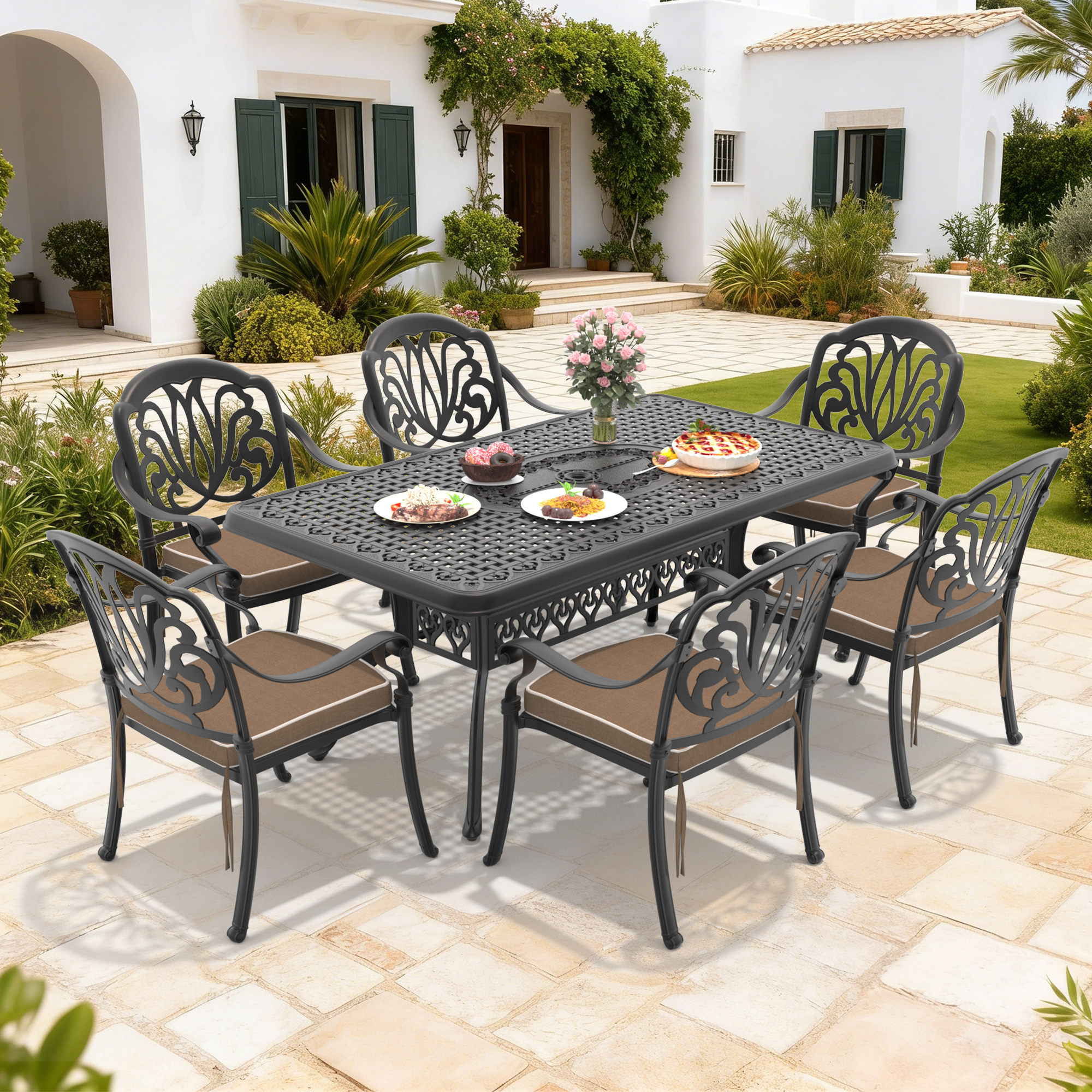 7-Piece Set Of Cast Aluminum Patio Furniture With Black Frame and Brown Cushions (same as:W1710S00494 ,W1710S00098,W1710S00037)