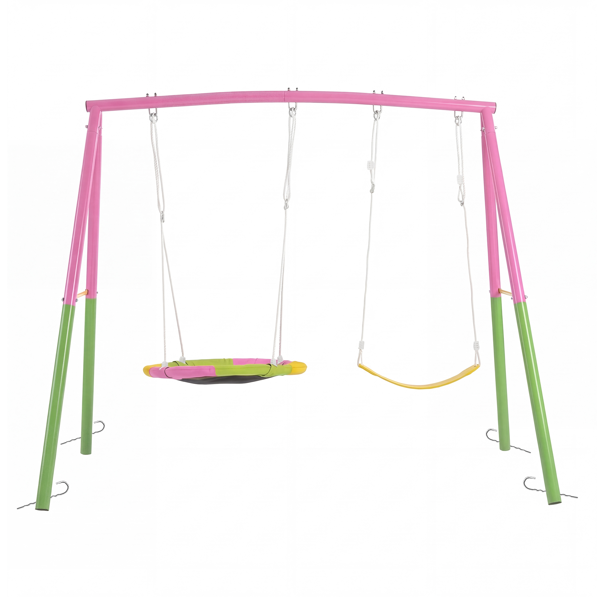 Swing Set for Backyard, 330lbs Swing Set with Heavy-Duty A-Frame Metal Outdoor Swing Stand, 1 Saucer Swing Seat & 1 Belt Swings Seat