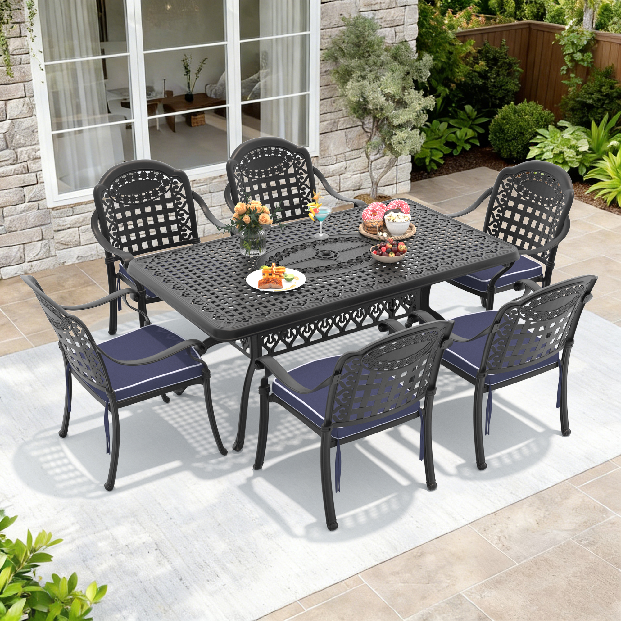7-Piece Set Of Cast Aluminum Patio Furniture With Black Frame and Blue Cushions (same as: W1710S00591 ,W1710S00100)