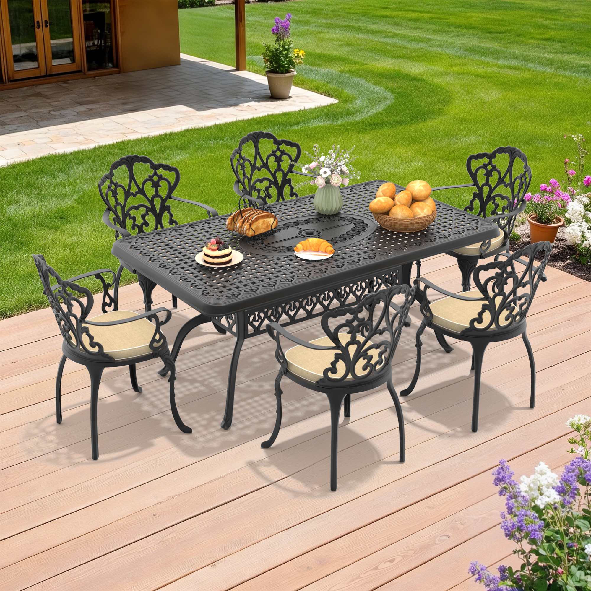 7-Piece Set Of Cast Aluminum Patio Furniture With Black Frame and Off-white Seat Cushions(same sku:W1710S00102)