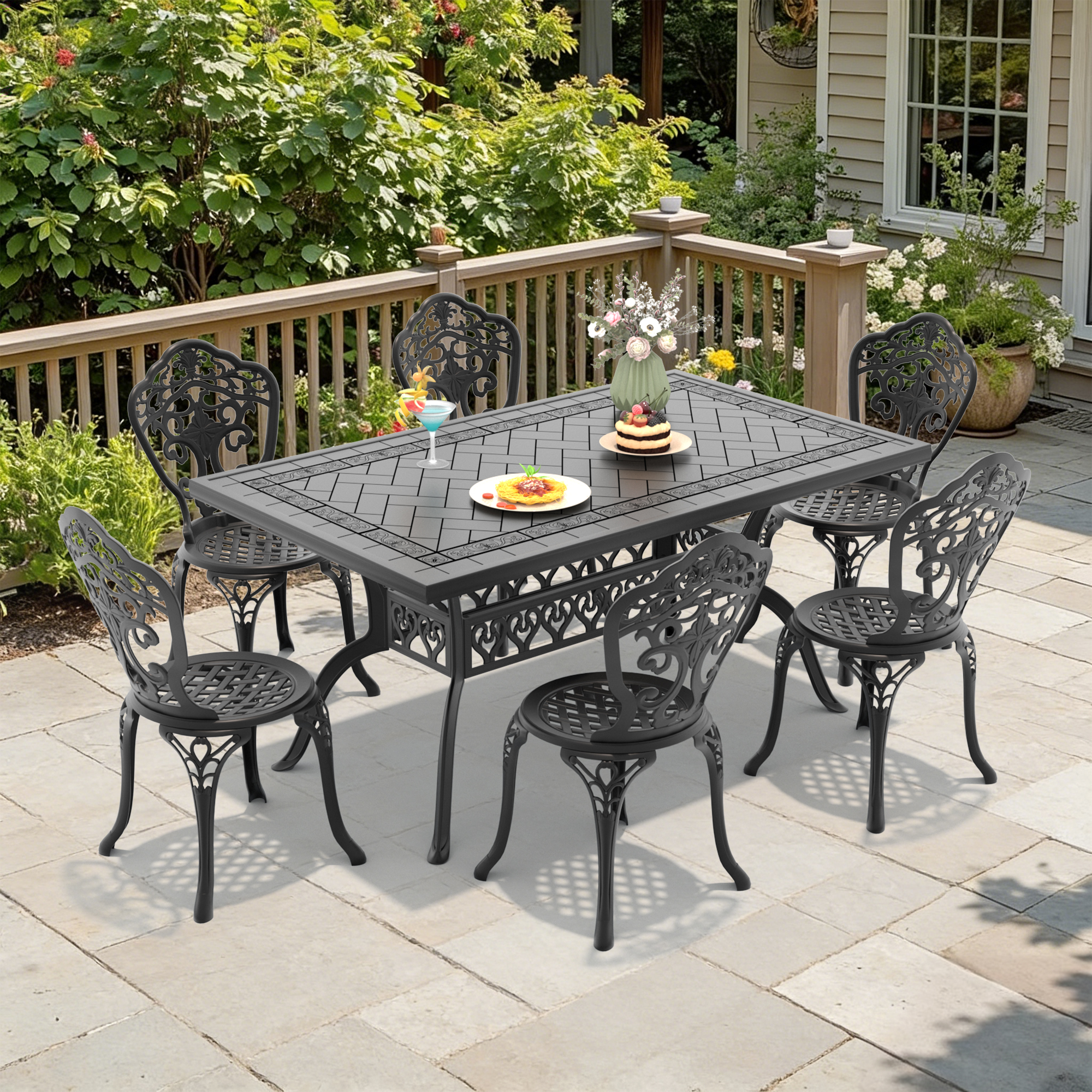 7-Piece Set Of All-Weather Cast Aluminum Dining Furniture Set With Black Frame(same sku: W1710S00527)
