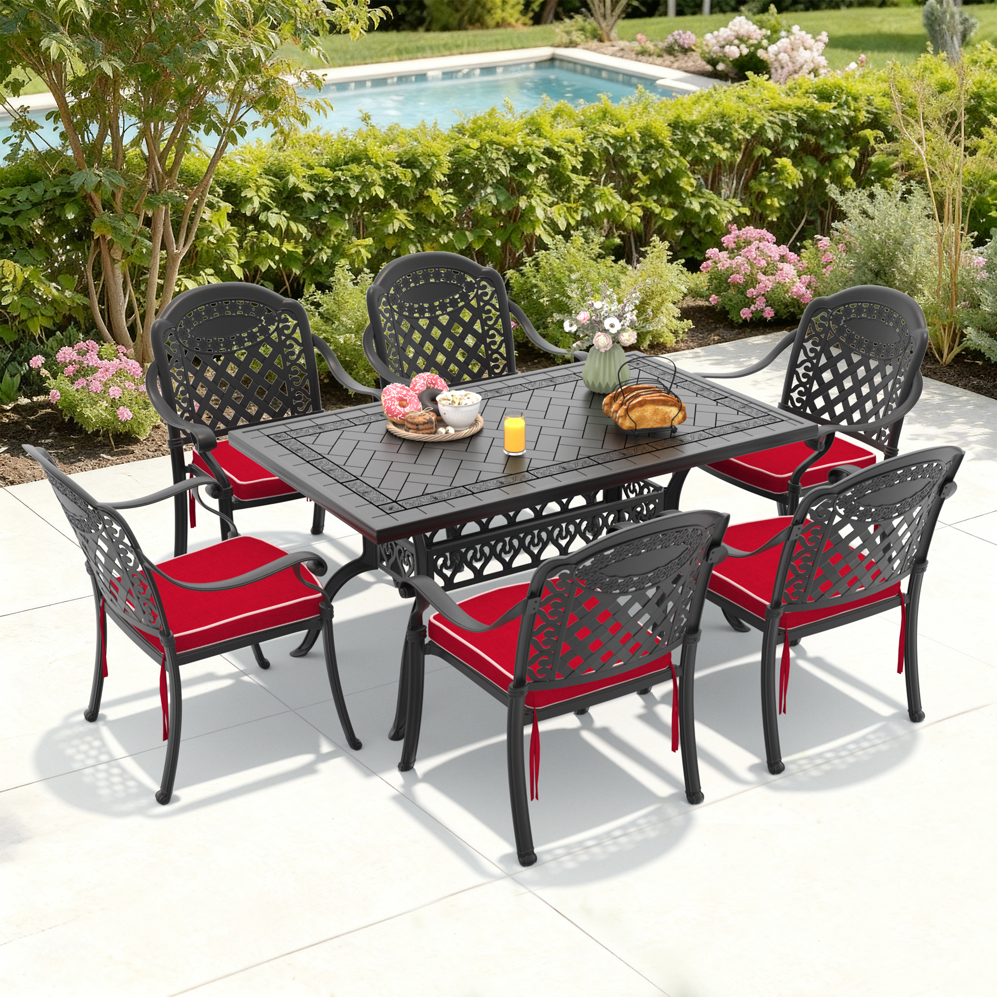 7-Piece Set Of Cast Aluminum Patio Furniture With Red Cushions (same as:W1710S00576 ,W1710S00082)