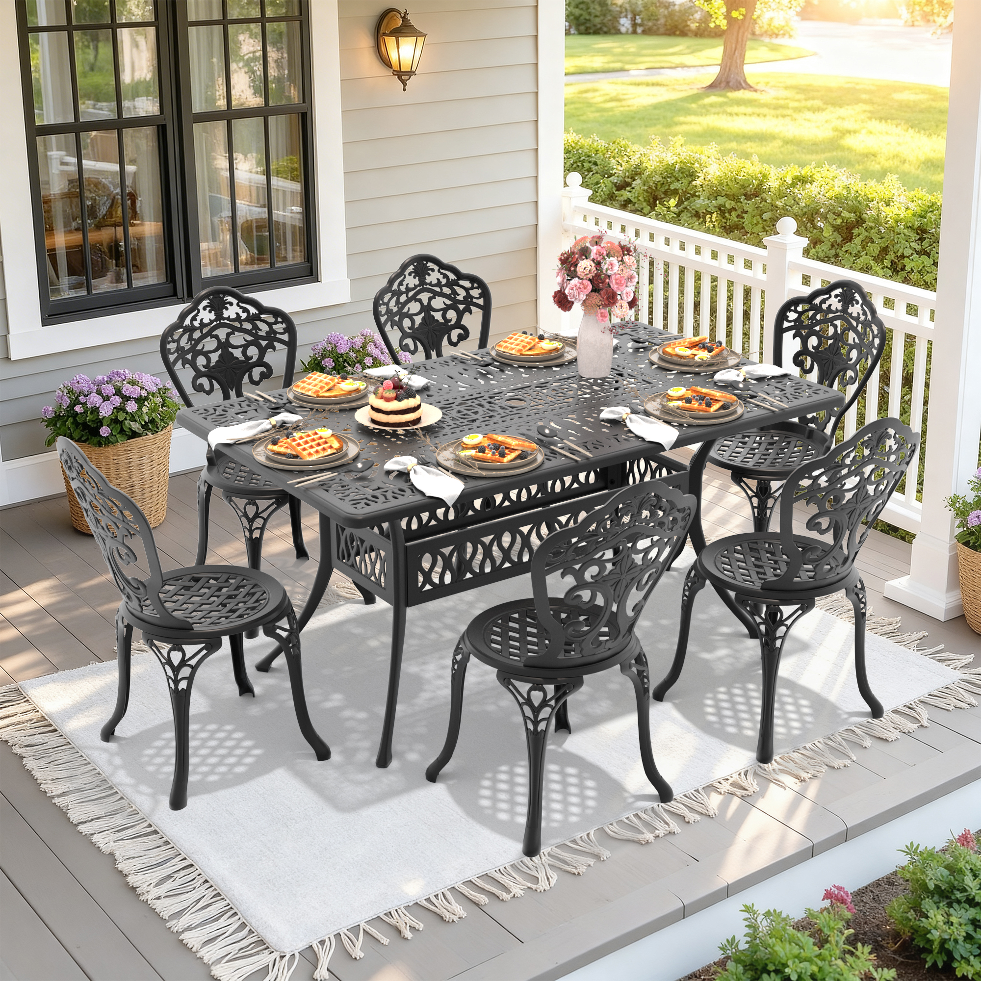 7-Piece Set Of All-Weather Cast Aluminum Dining Furniture Set With Black Frame(same sku: W1710S00525)
