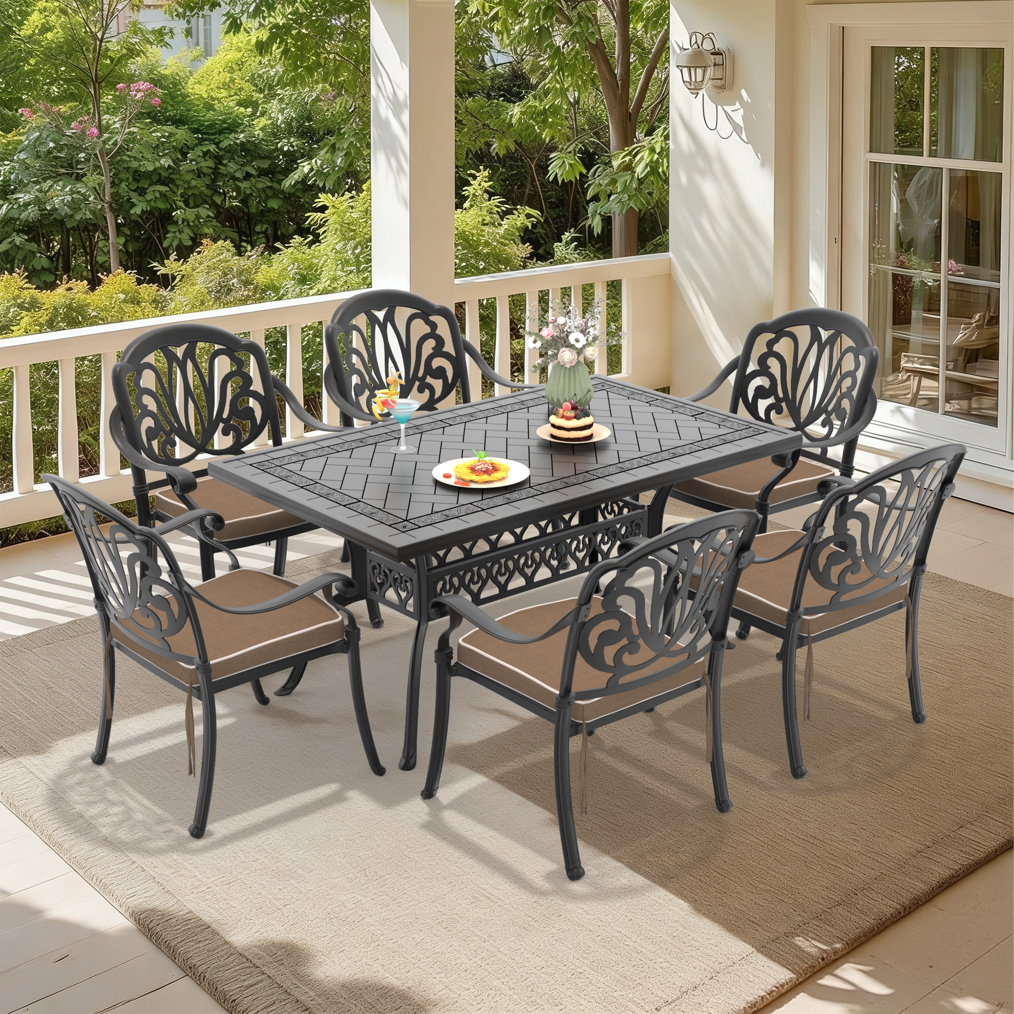 7-Piece Set Of Cast Aluminum Patio Furniture With Brown Cushions (same sku:W1710S00490 ,W1710S00080,W1710S00017)