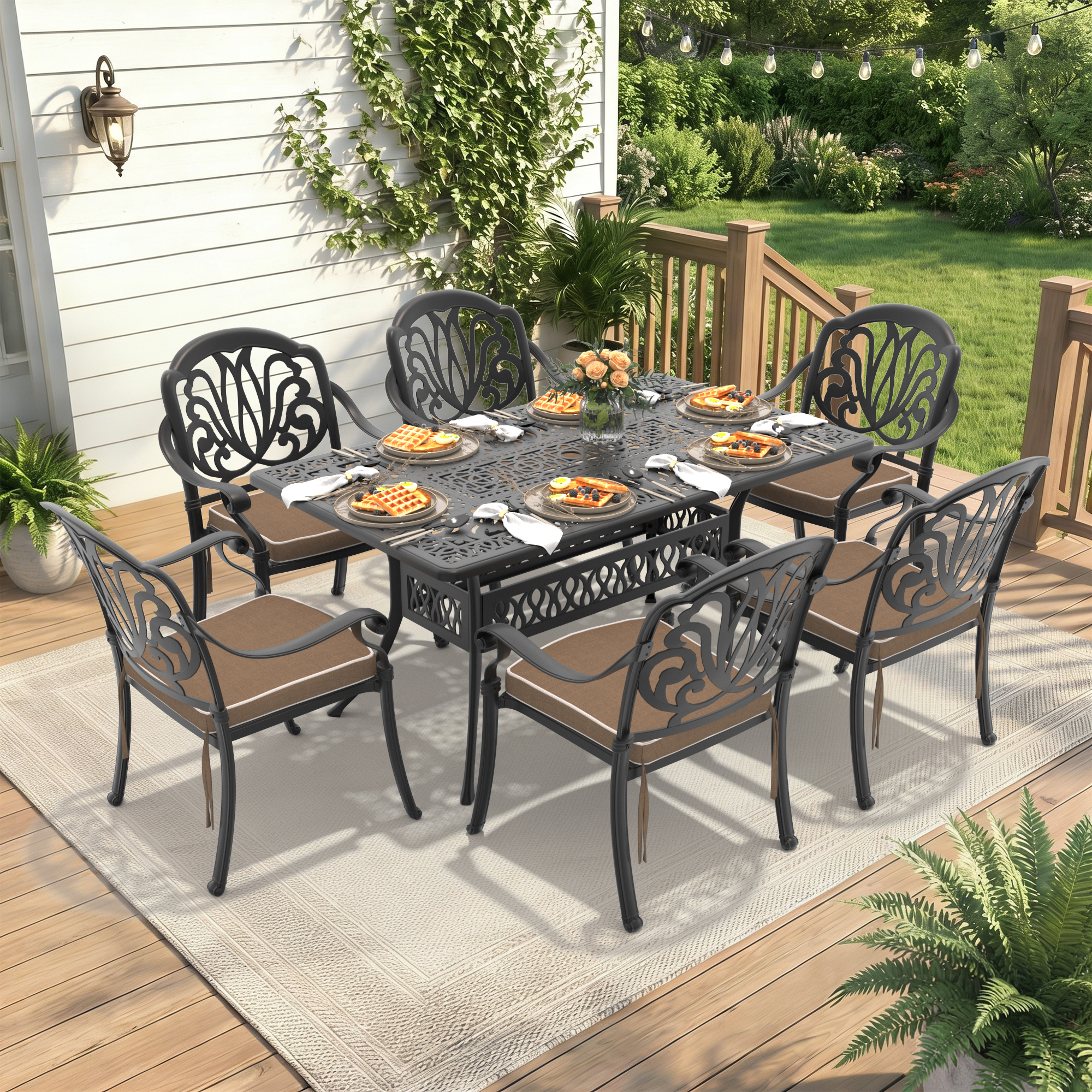 7-Piece Set Of Cast Aluminum Patio Furniture With Brown Cushions (same as:W1710S00488 ,W1710S00086,W1710S00006)