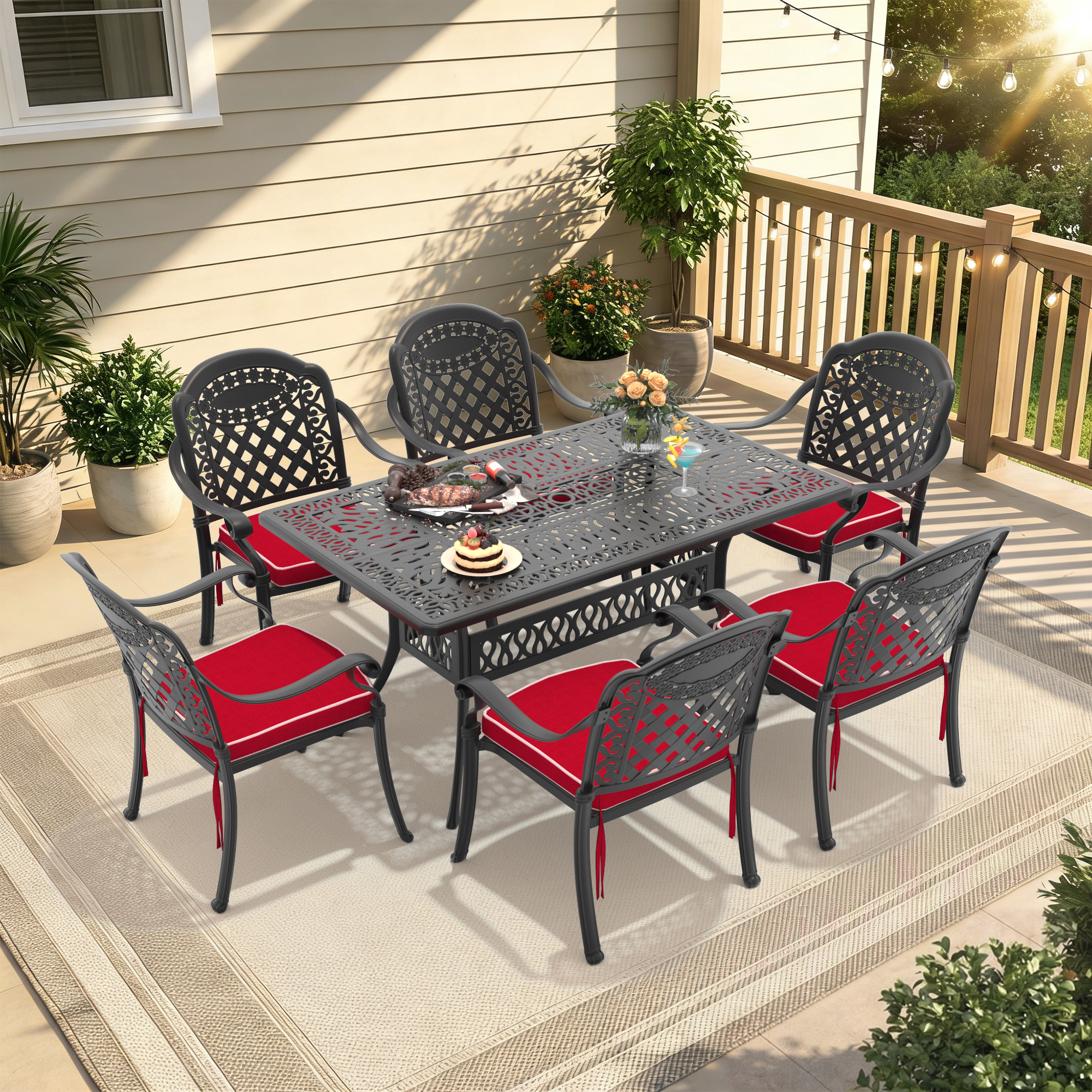 7-Piece Set Of Cast Aluminum Patio Furniture With Red Cushions (same sku: W1710S00622 ,W1710S00088)