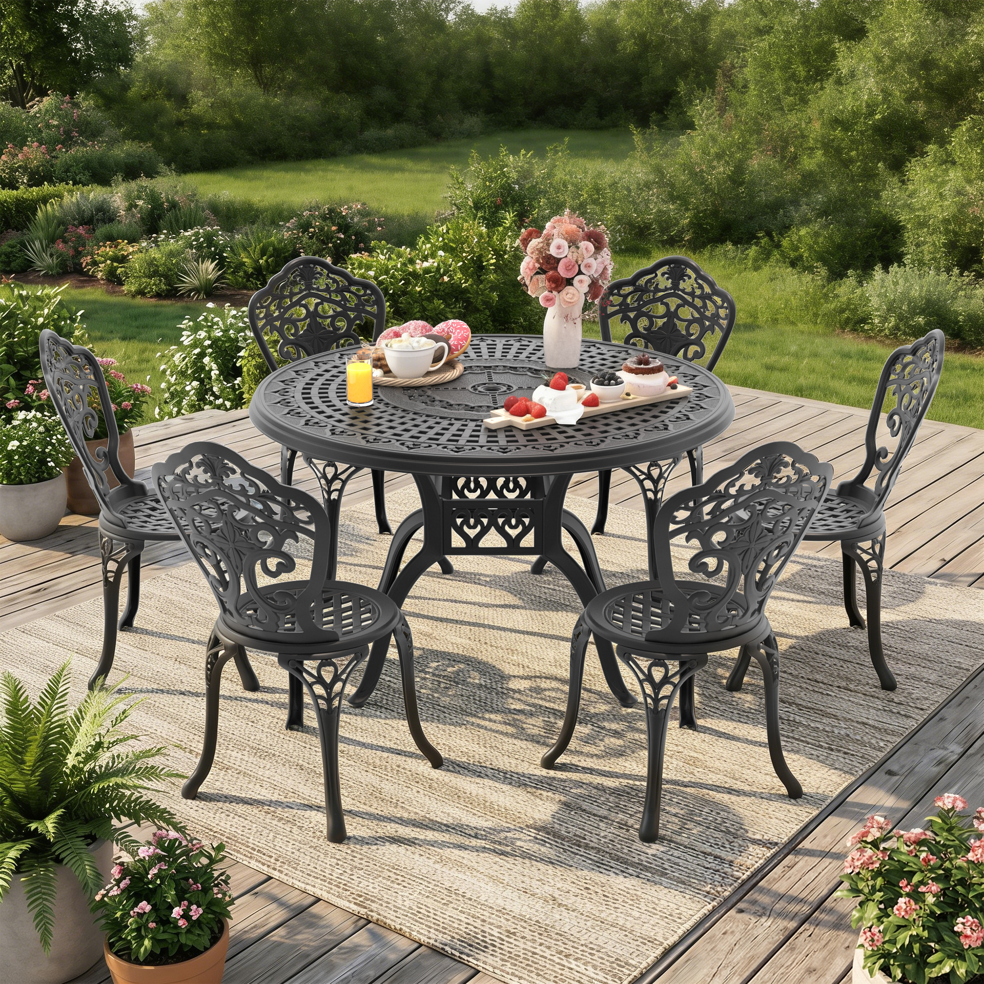 7-Piece Set Of All-Weather Cast Aluminum Dining Furniture Set With Black Frame(same sku: W1710S00523)