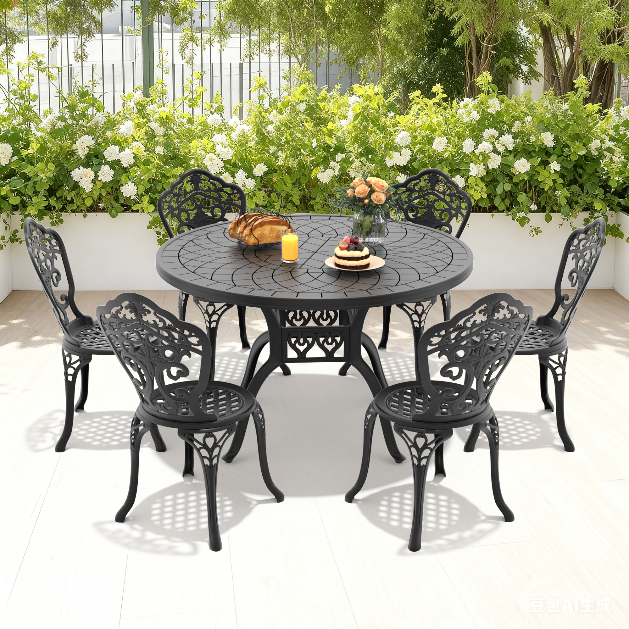 7-Piece Set Of All-Weather Cast Aluminum Dining Furniture Set With Black Frame(same sku: W1710S00521)