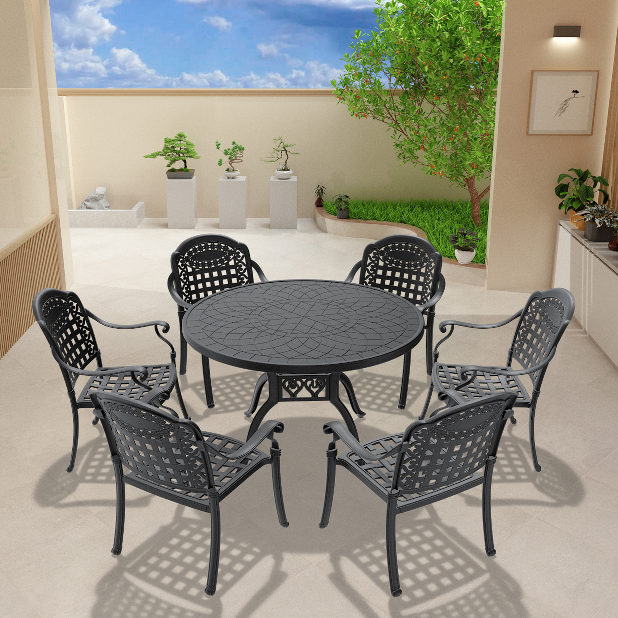 7-Piece Set Of Cast Aluminum Patio Furniture With Black Frame and Blue Seat Cushions(same as:W1710S00485 ,W1710S00076,W1710S00005)