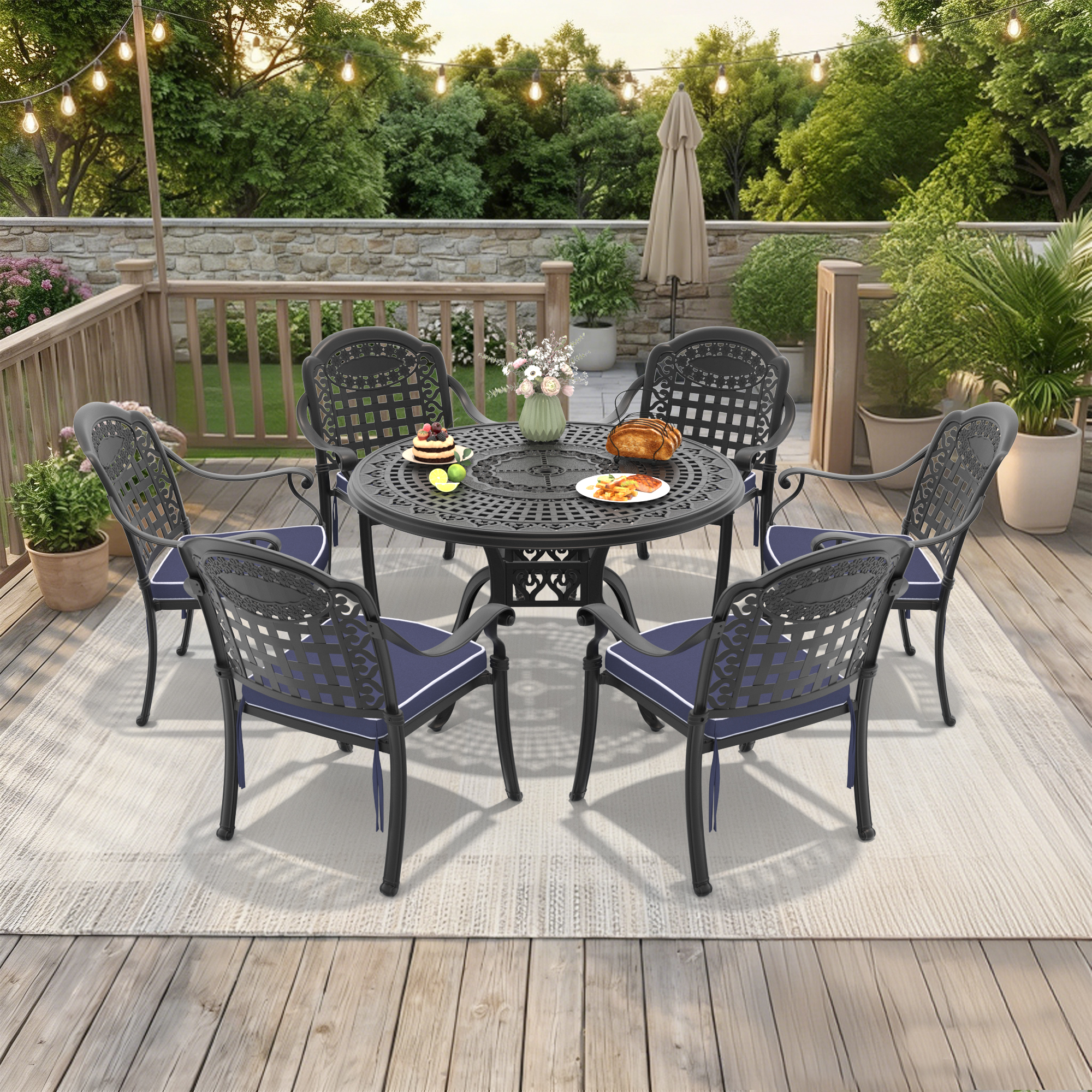 7-Piece Set Of Cast Aluminum Patio Furniture With Blue Cushions (same as:W1710S00566 ,W1710S00094)
