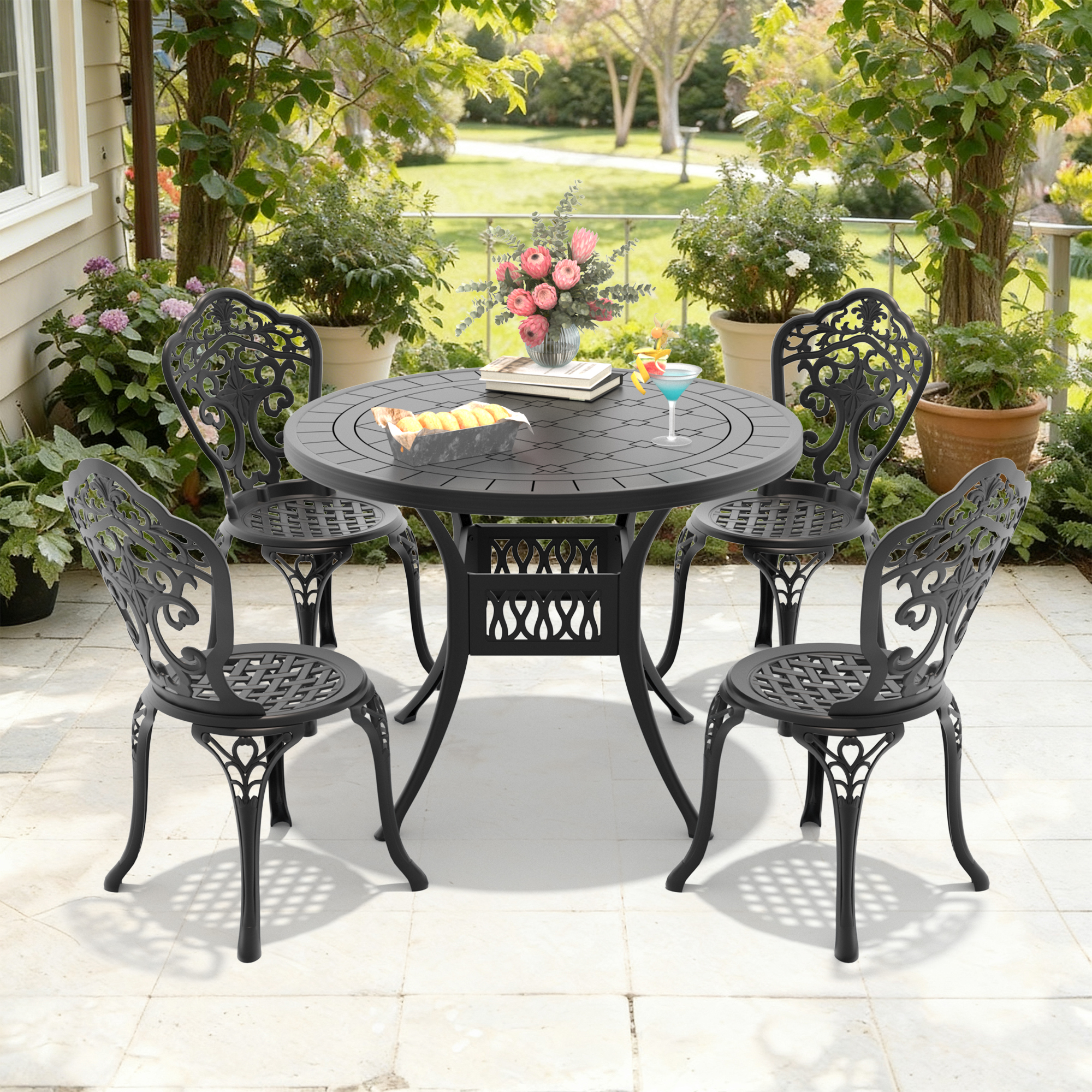 5-Piece Set Of All-Weather Cast Aluminum Dining Furniture Set With Black Frame(same sku: W1710S00517)