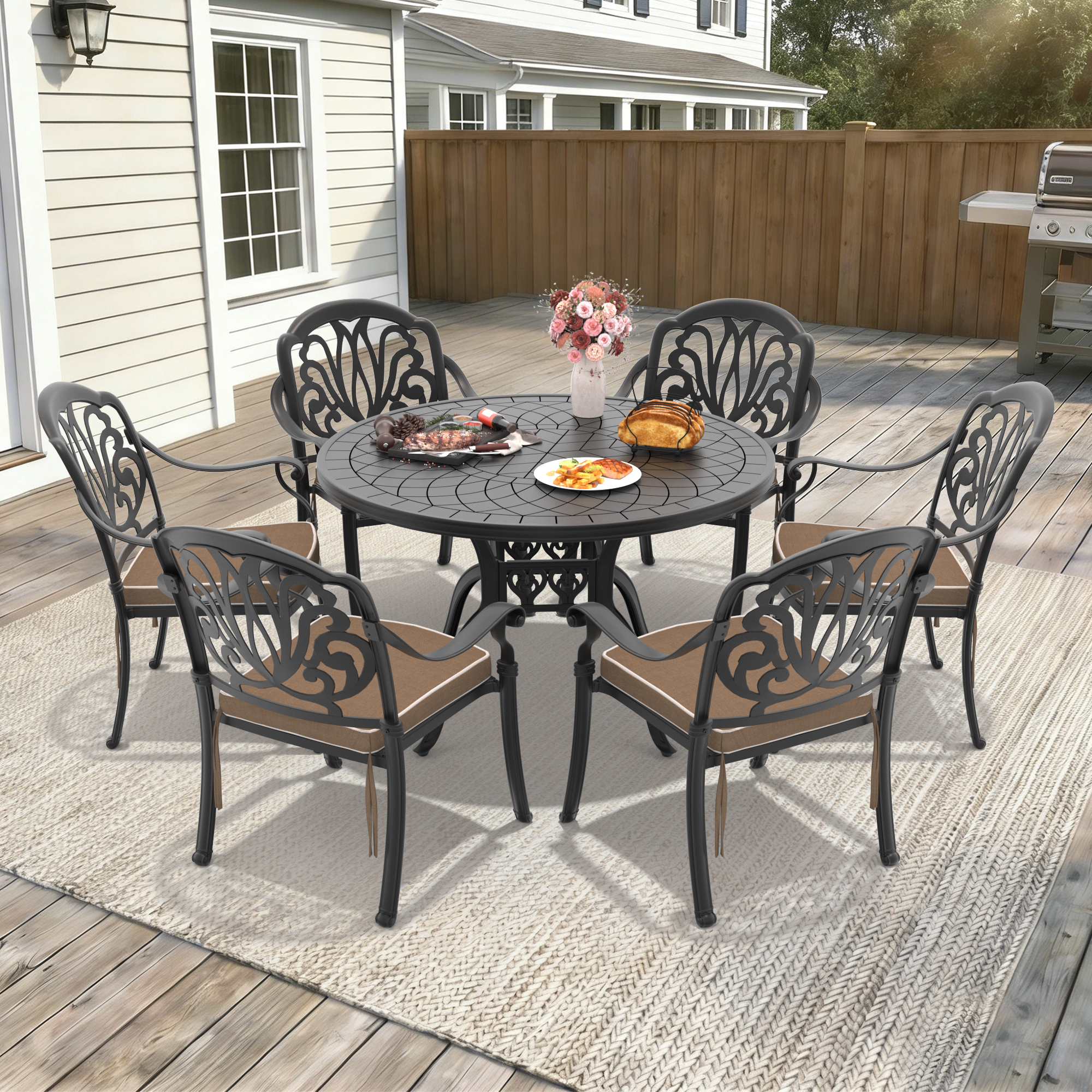 7-Piece Set Of Cast Aluminum Patio Furniture With Brown Cushions (same as:W1710S00484 ,W1710S00074,W1710S00016)