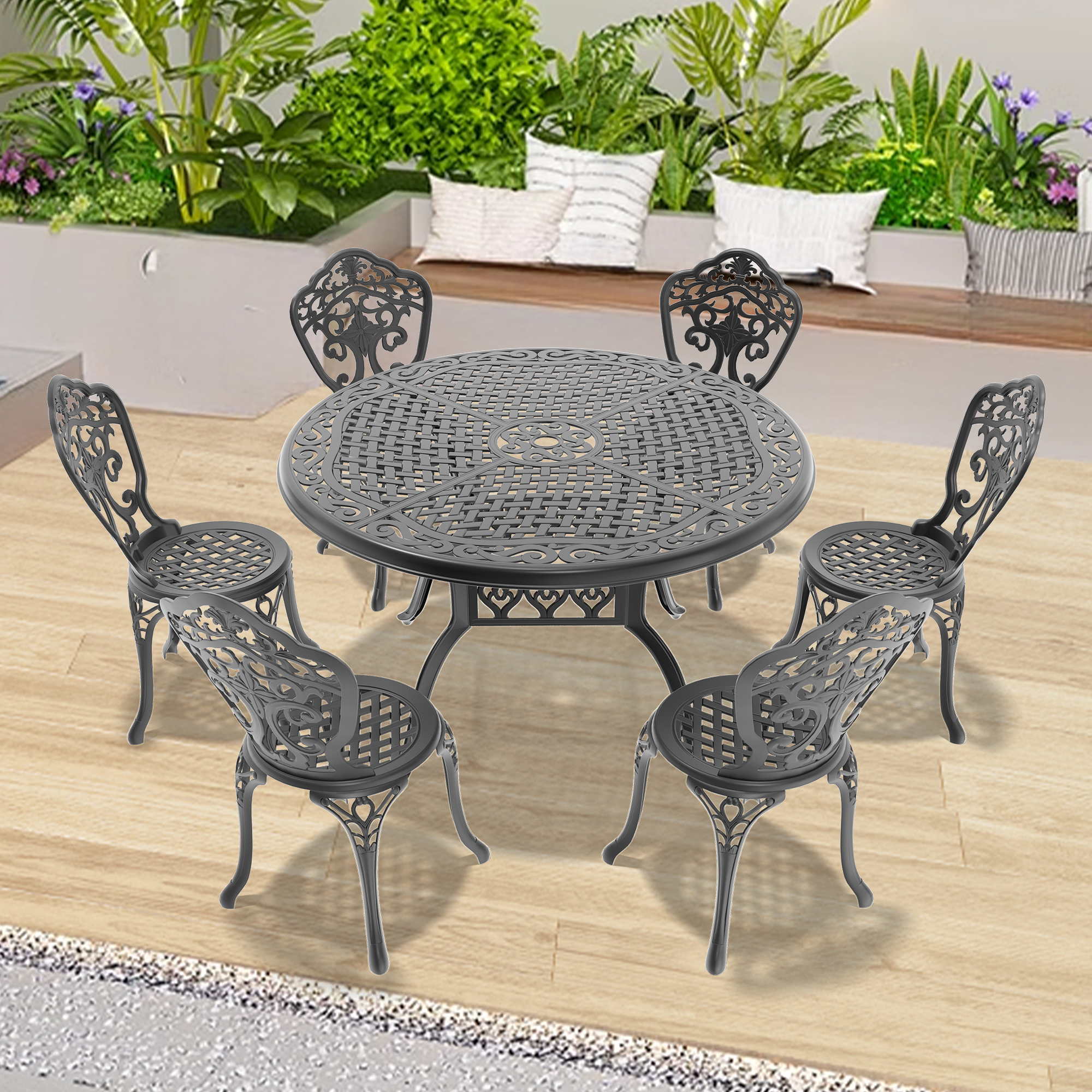 7-Piece Set Of All-Weather Cast Aluminum Dining Furniture Set With Black Frame(same sku: W1710S00519)