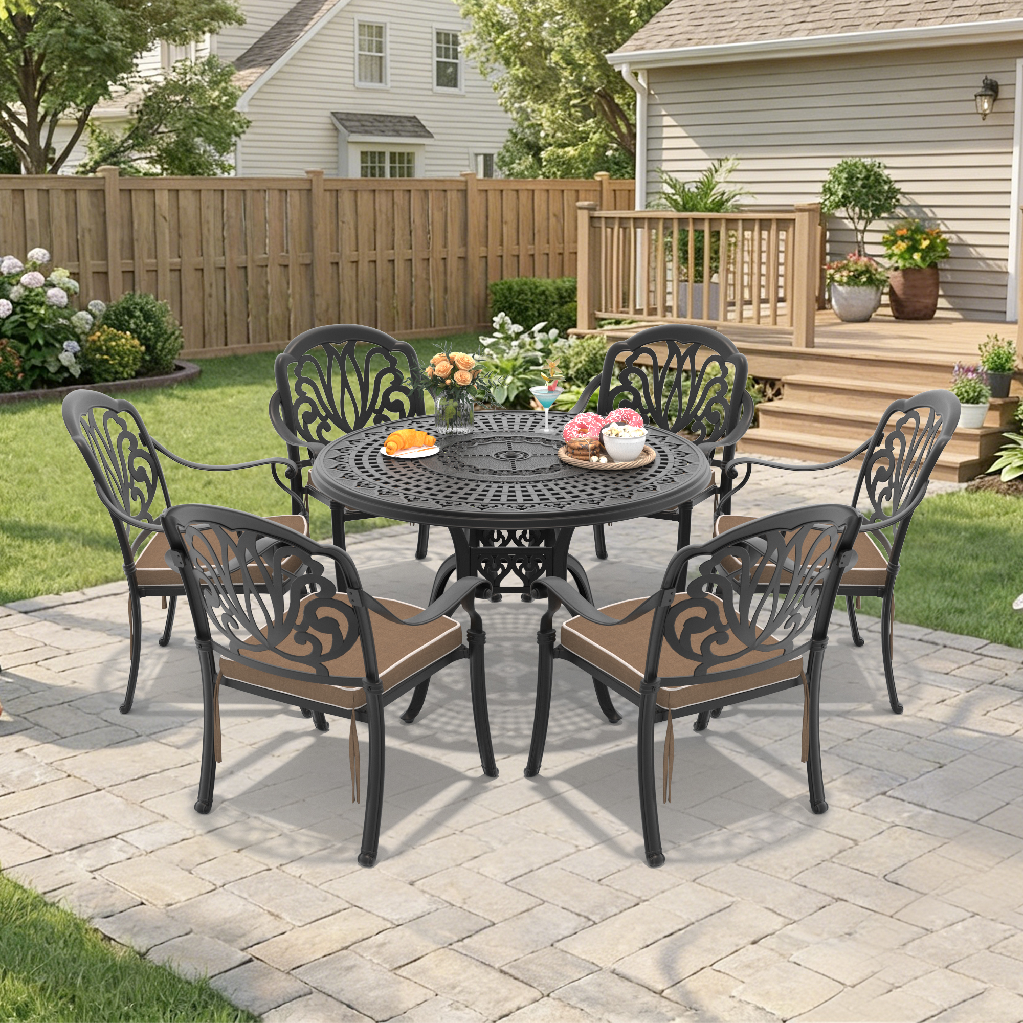 7-Piece Set Of Cast Aluminum Patio Furniture With Brown Cushions (same as:W1710S00486 ,W1710S00092,W1710S00027)